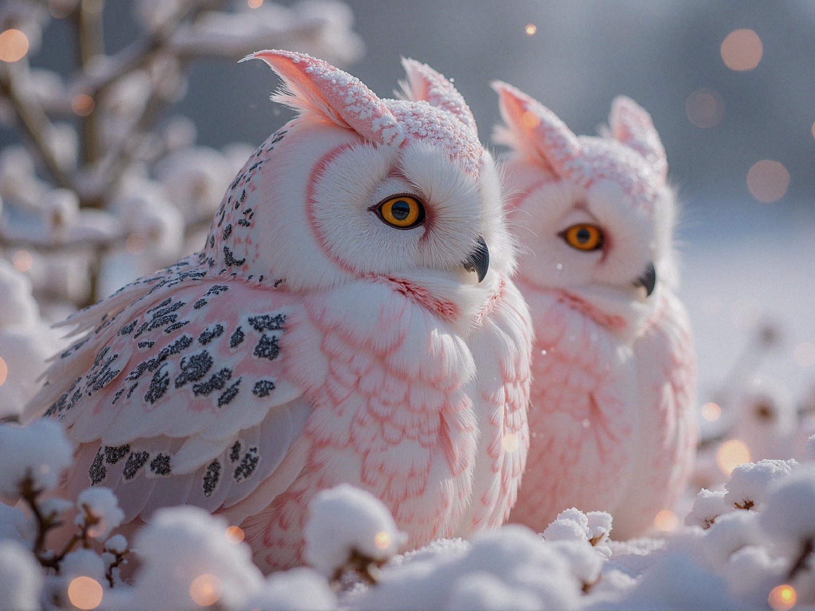 Fluffy Owls in a Snowy Winter Landscape