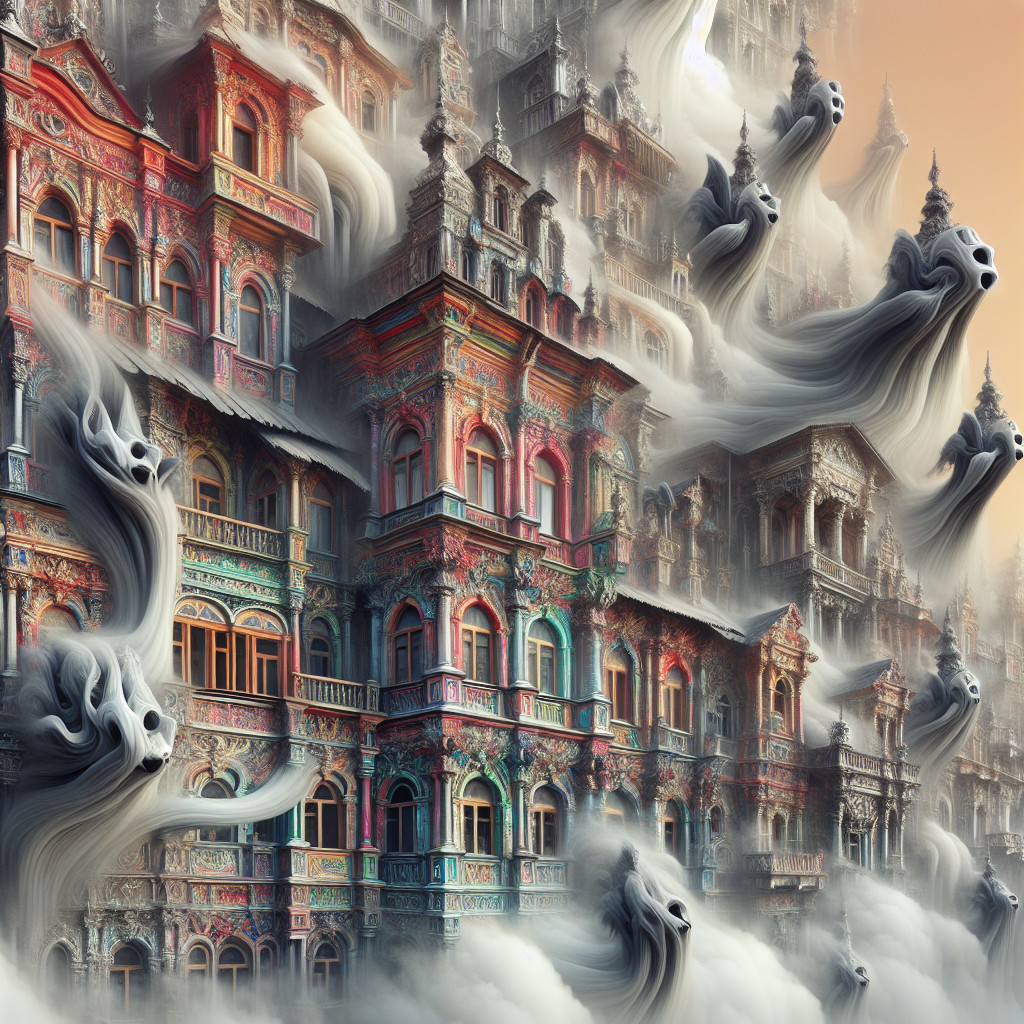 Surreal Multi-Story Building with Ethereal Figures