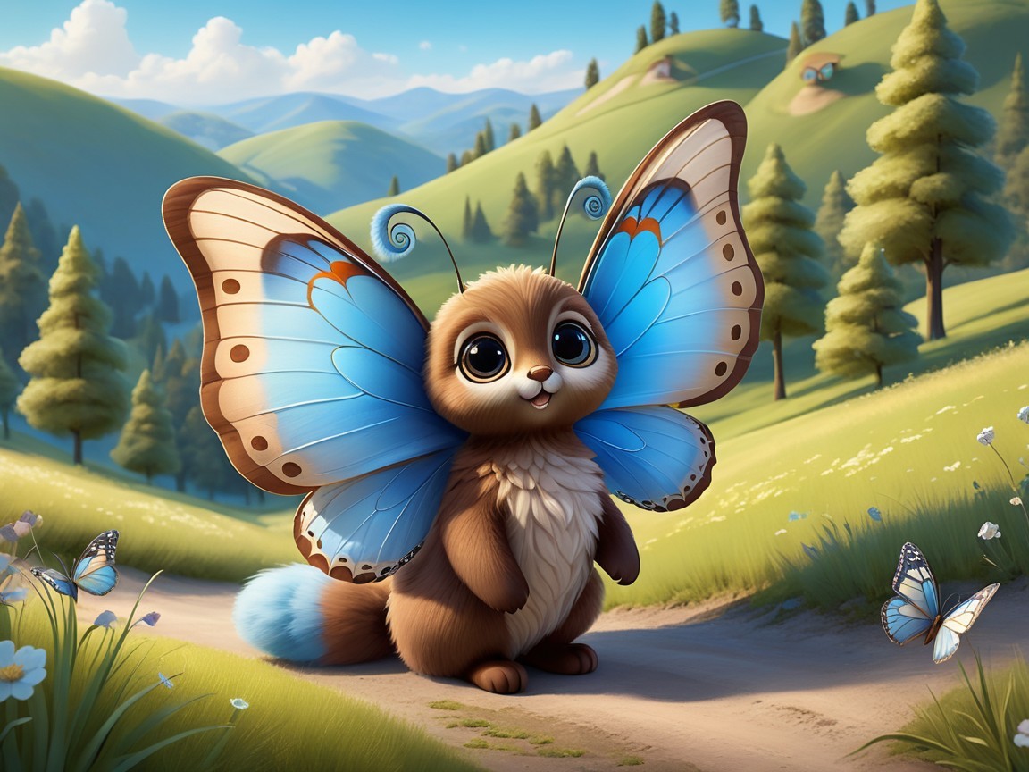 Furry Creature with Blue Butterfly Wings in Landscape