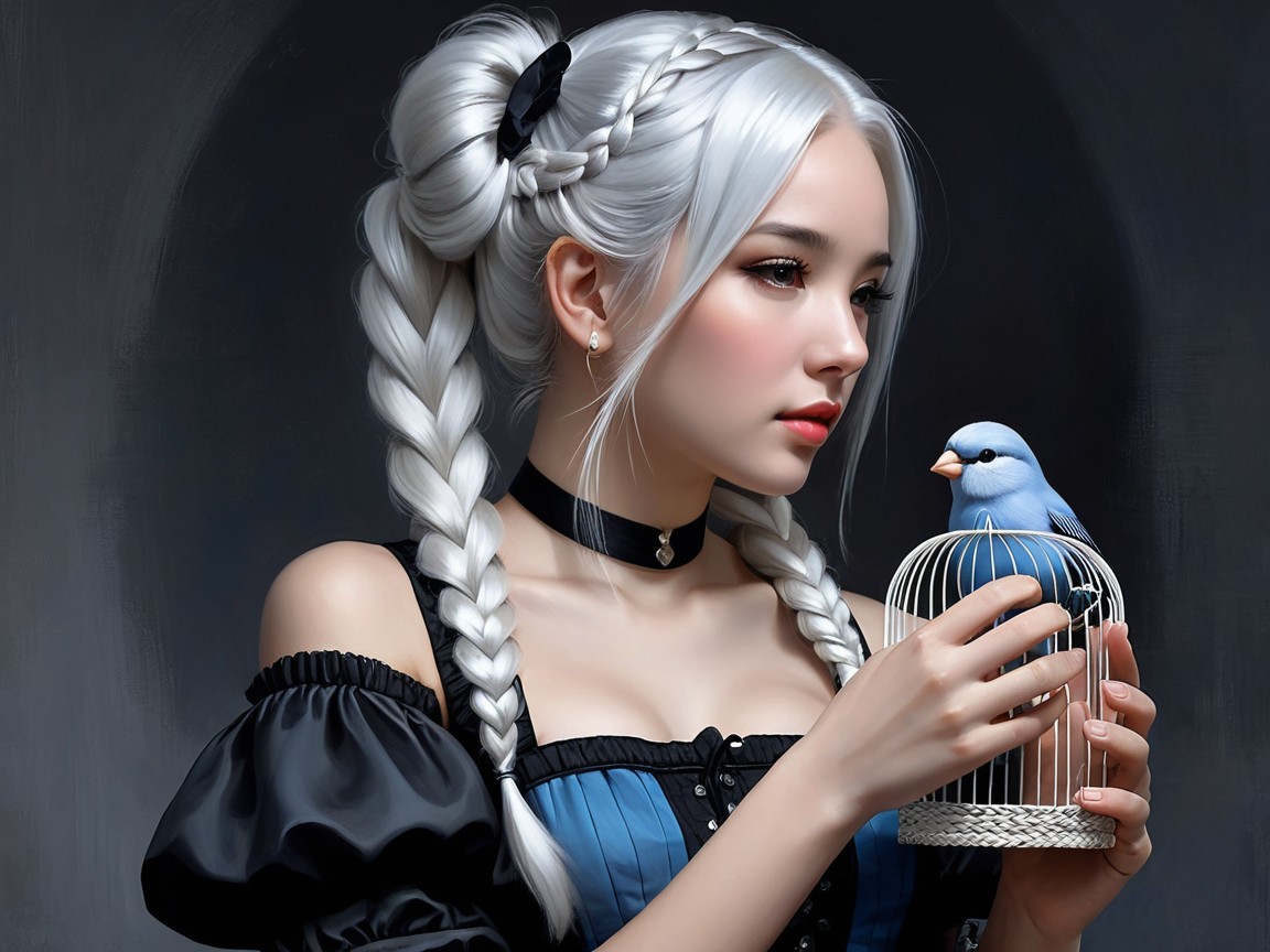Young woman with silver hair and birdcage in dark setting