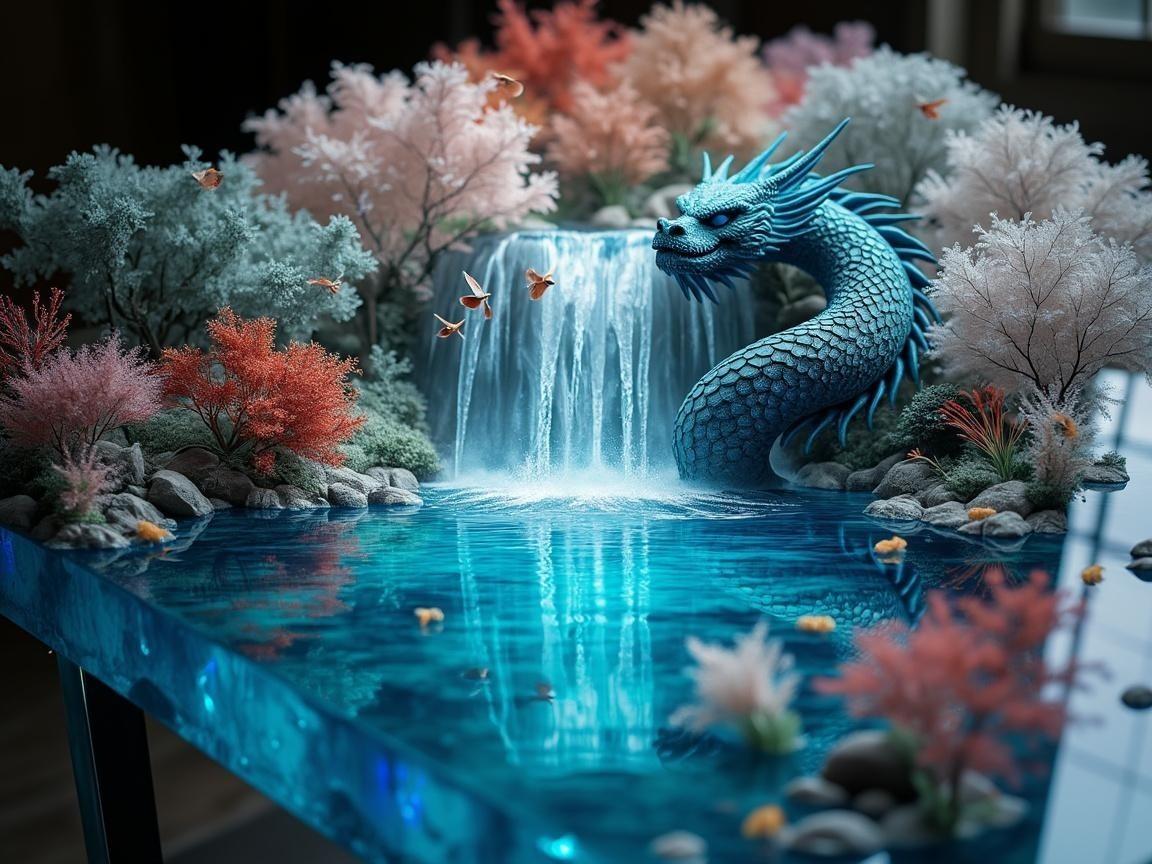 Detailed Sculpture of a Dragon in a Vibrant Landscape