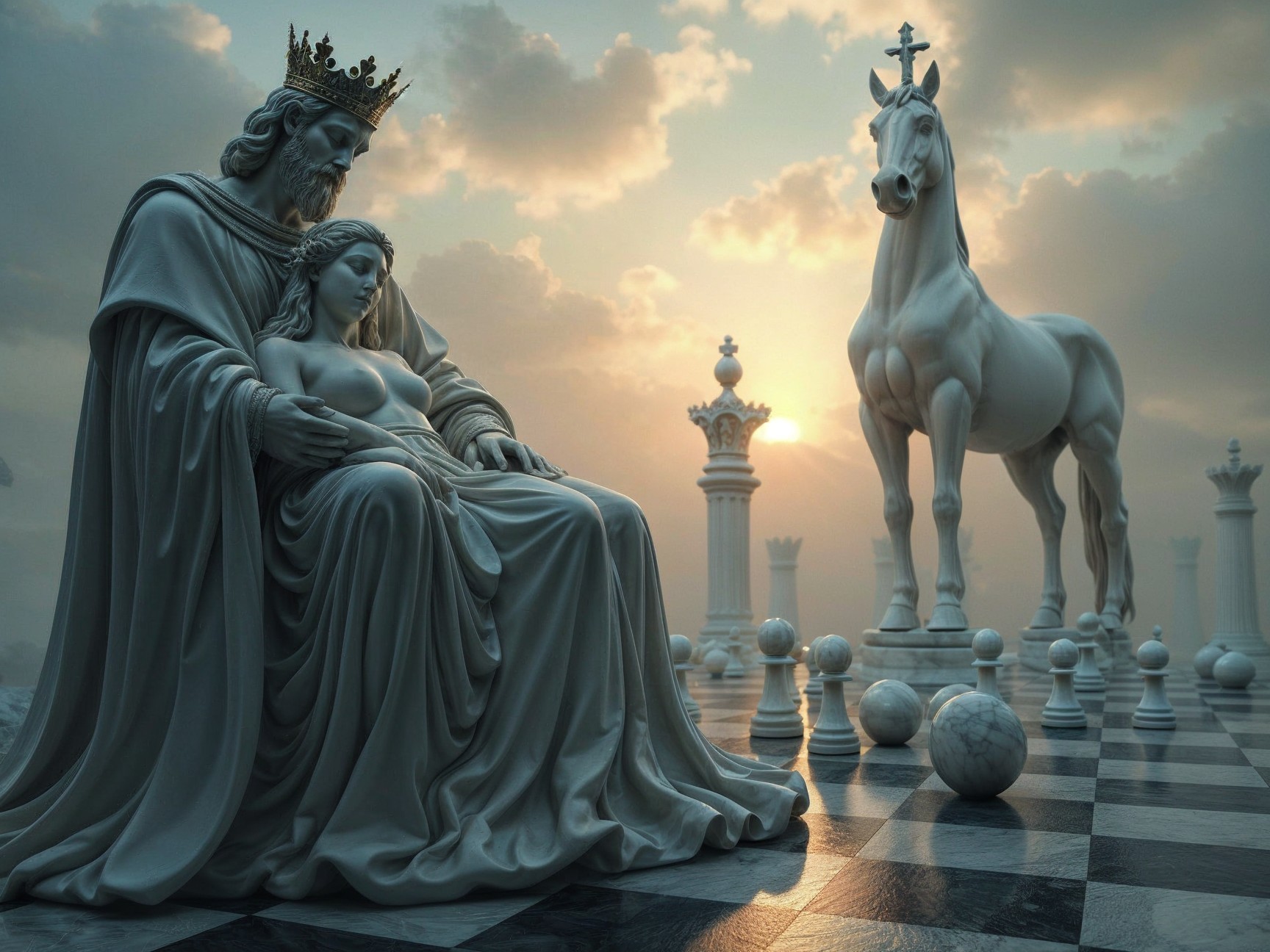 Majestic Chessboard Scene with Marble Figures