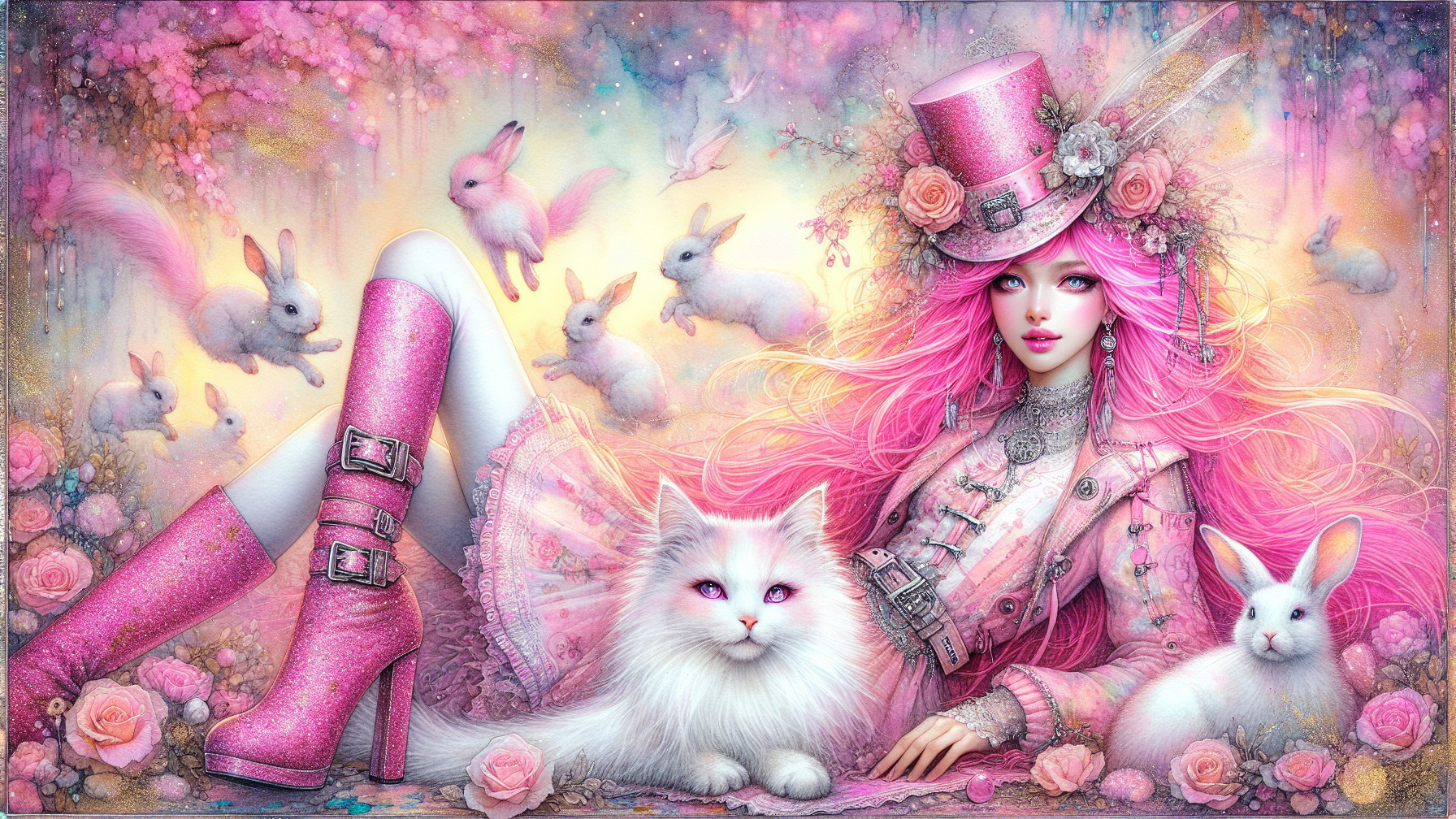 Whimsical Scene with Girl, Bunnies, and Pastel Colors