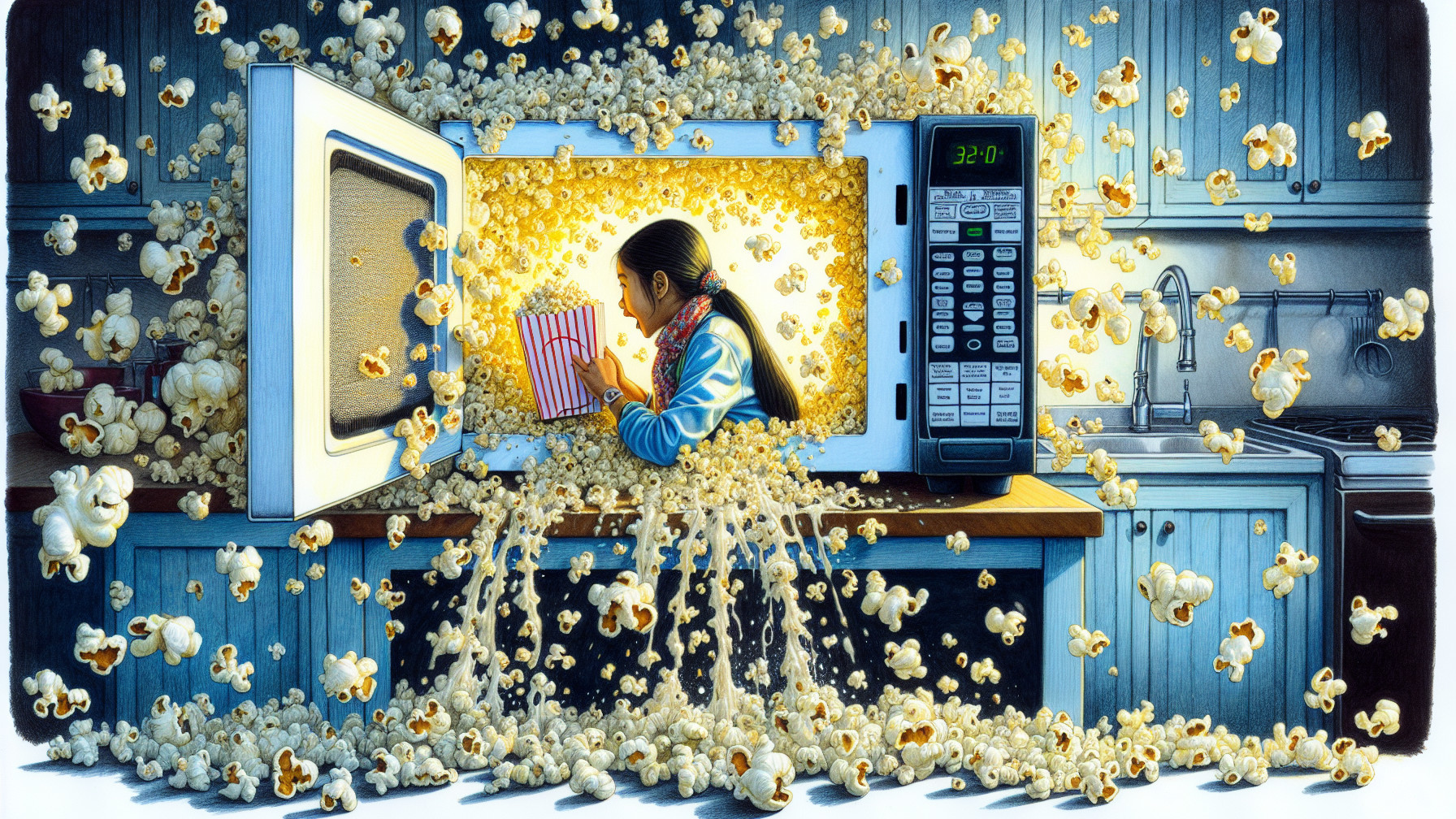 Whimsical Illustration of Girl and Popcorn Chaos