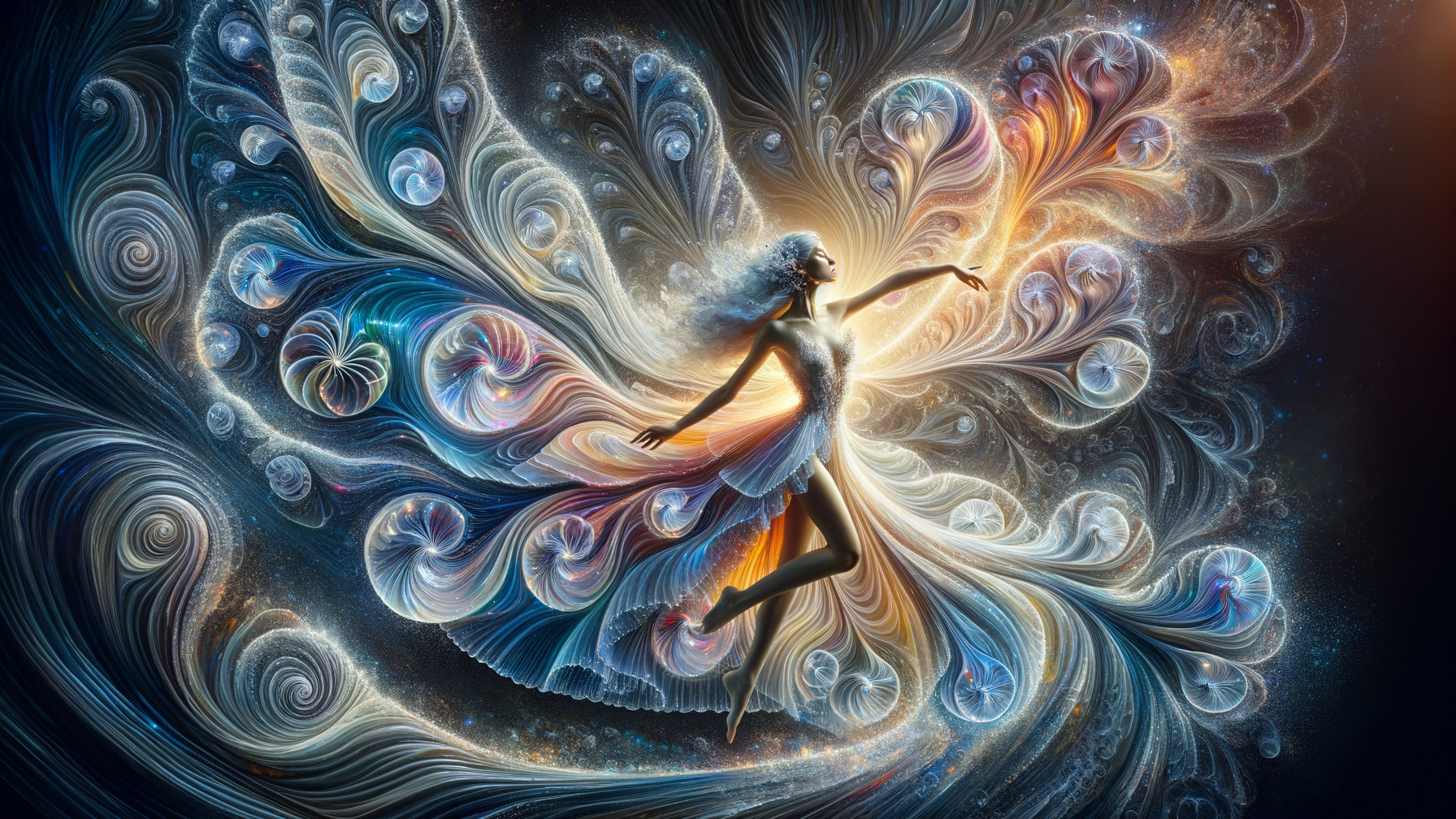 Graceful dancer figure amidst vibrant colors and patterns