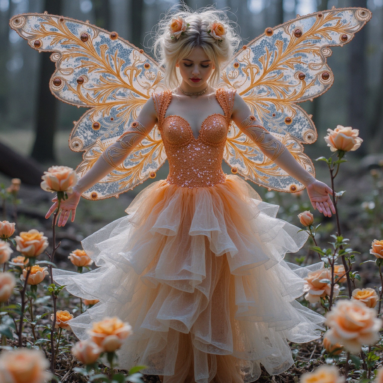 Whimsical Fairy in Forest of Blooming Orange Roses