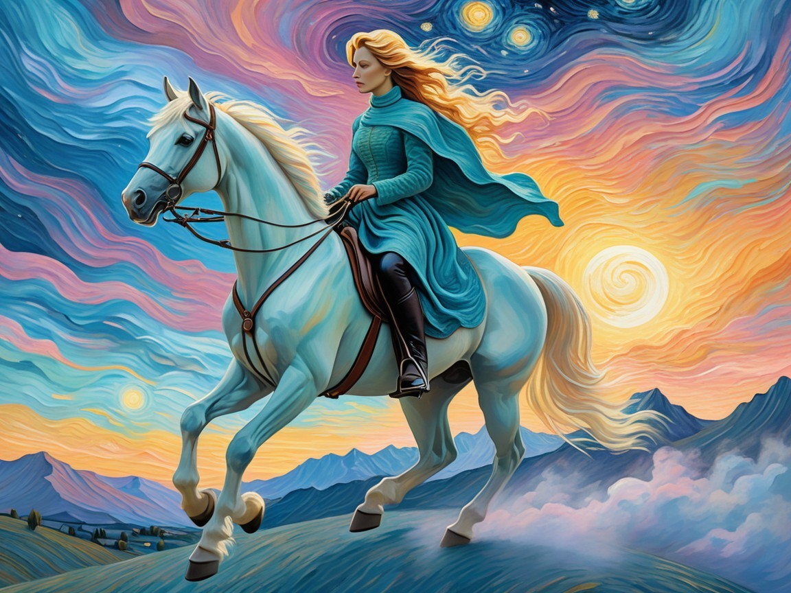 Woman on White Horse in Vibrant Fantasy Landscape