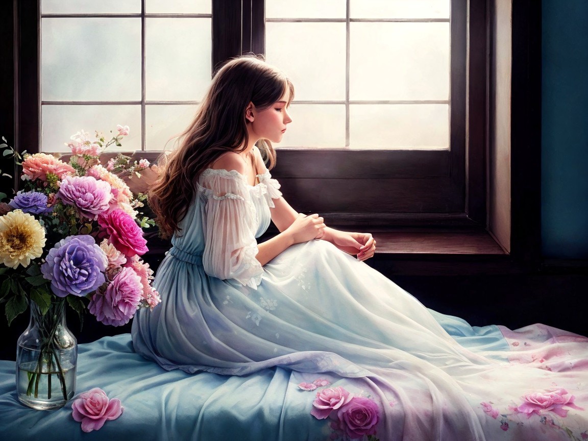 Young Woman in Light Blue Dress by Window with Flowers
