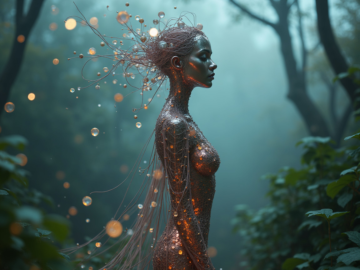 Surreal Figure in Misty Forest with Glowing Orbs