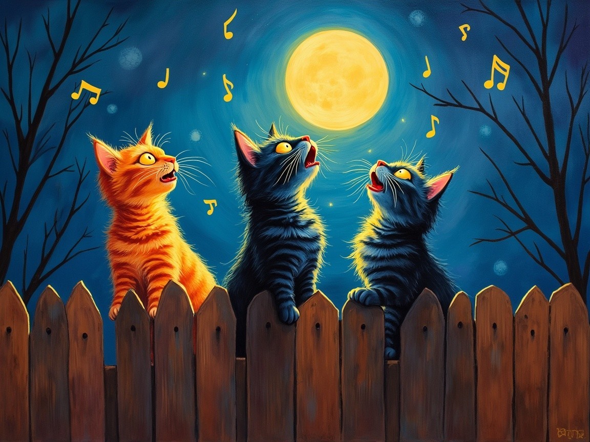 Whimsical Cats Singing Under a Full Moon Night Sky