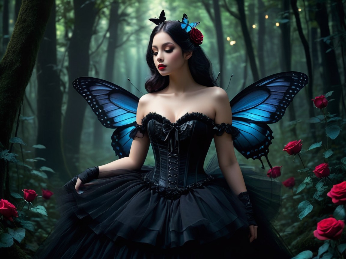 Young woman in mystical forest with butterfly wings