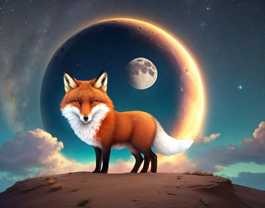Vibrant Fox Illustration Against Cosmic Backdrop