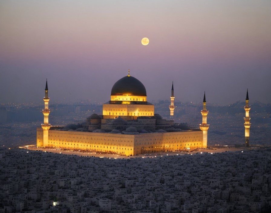 Illuminated Mosque at Dusk with Cityscape Background