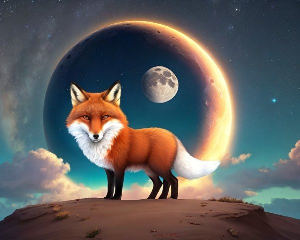 Vibrant Fox Illustration Against Cosmic Backdrop