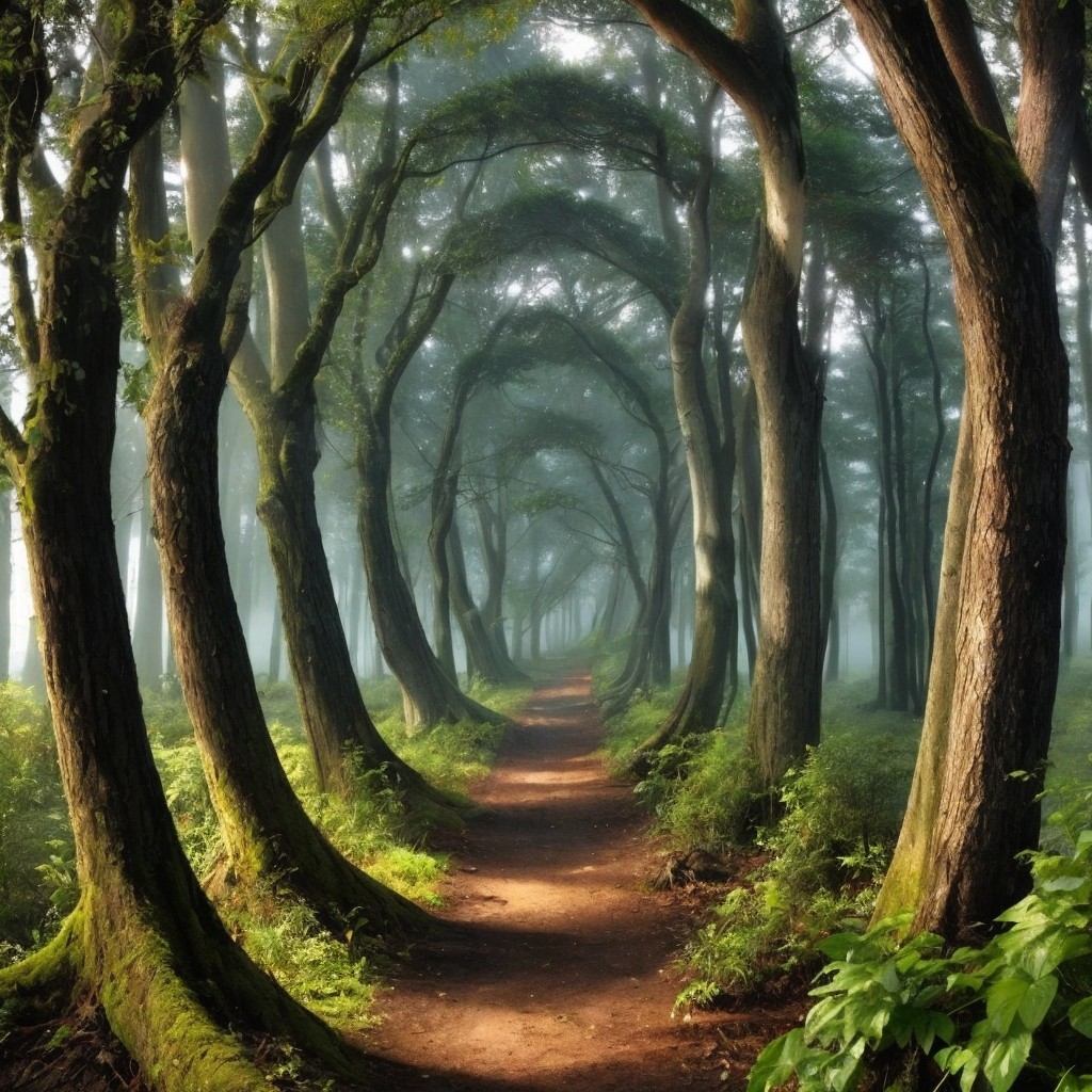 Serene Forest Path Surrounded by Majestic Trees