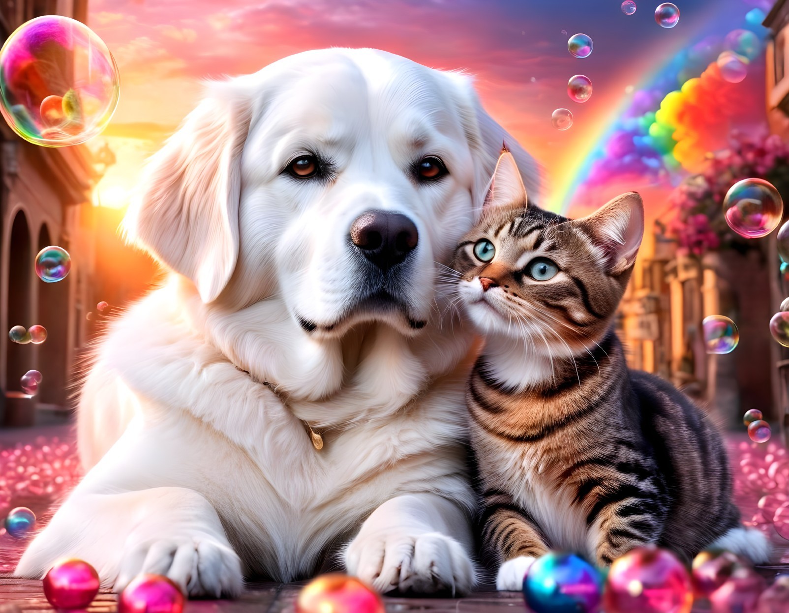 Golden Retriever and Tabby Cat in Magical Setting