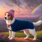 Beagle in Sweater on Hillside at Sunset with Castle