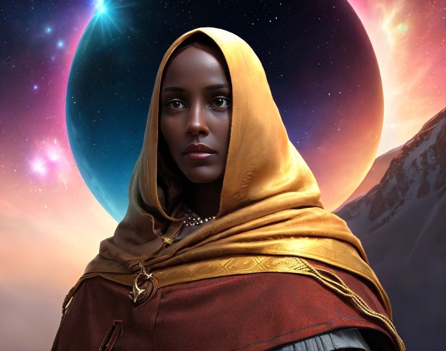 Woman in golden scarf against cosmic backdrop