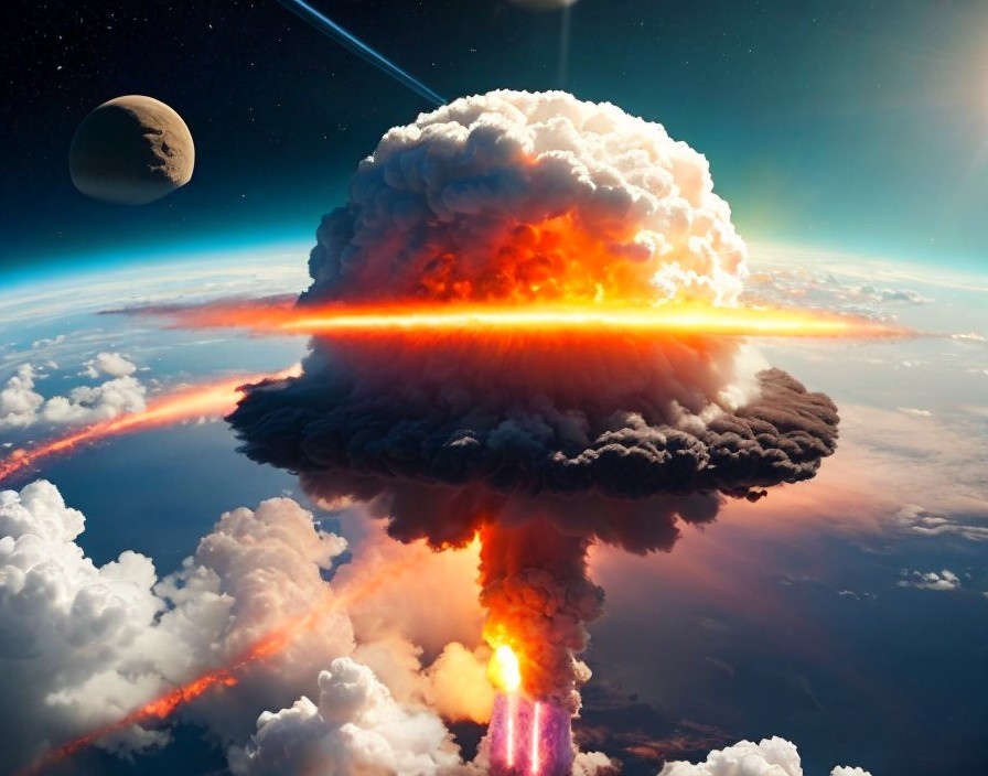 Dramatic Space Explosion with Fiery Mushroom Cloud