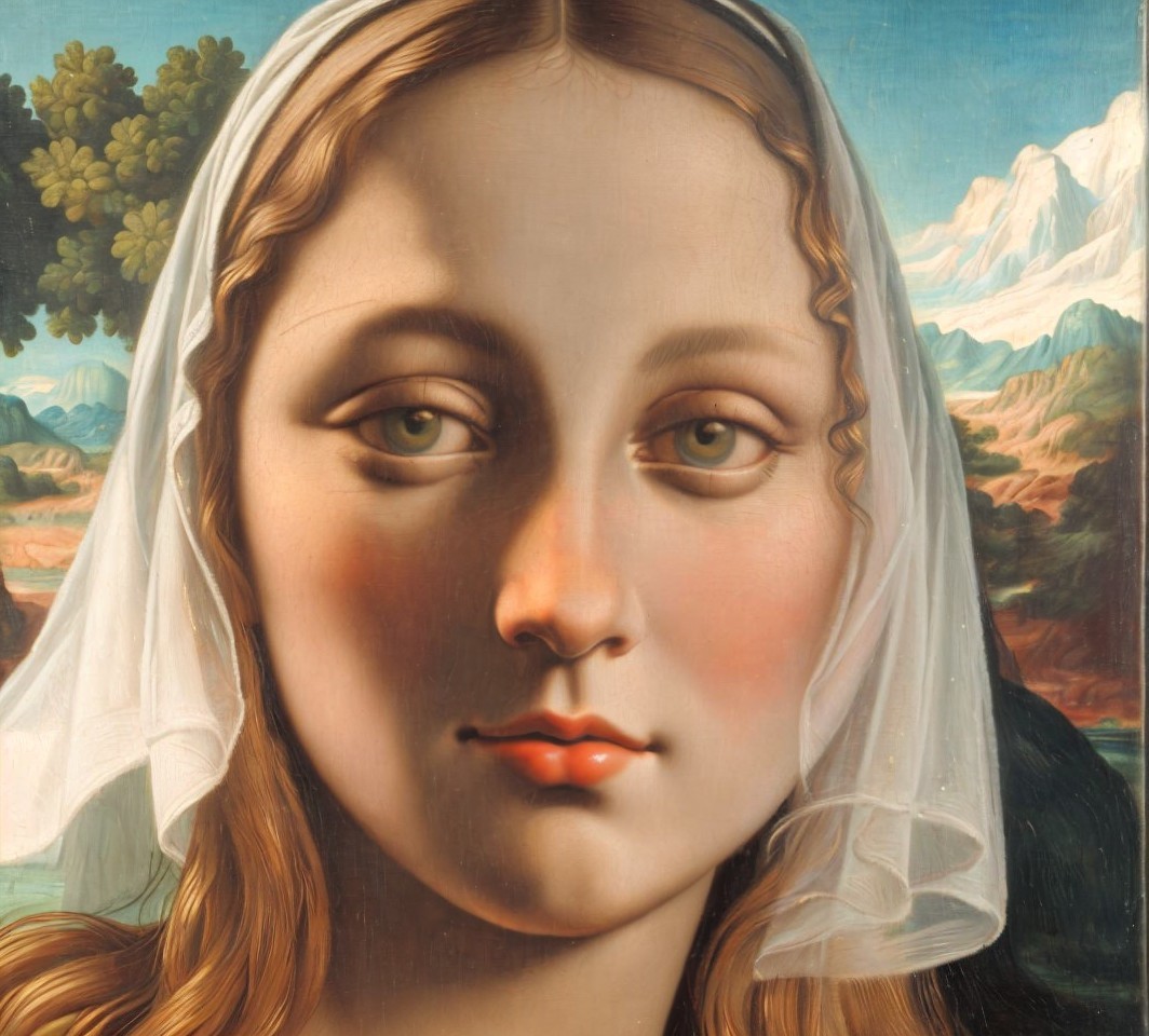 Serene Portrait of Young Woman with Veil and Landscape
