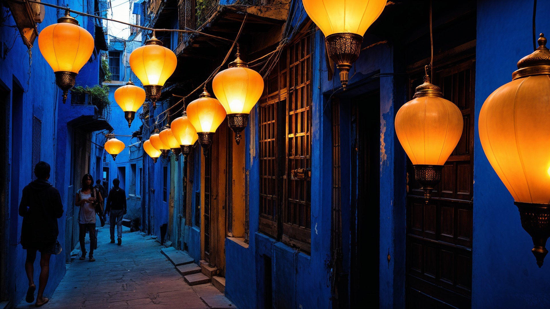 Serene alleyway with orange lanterns and blue walls