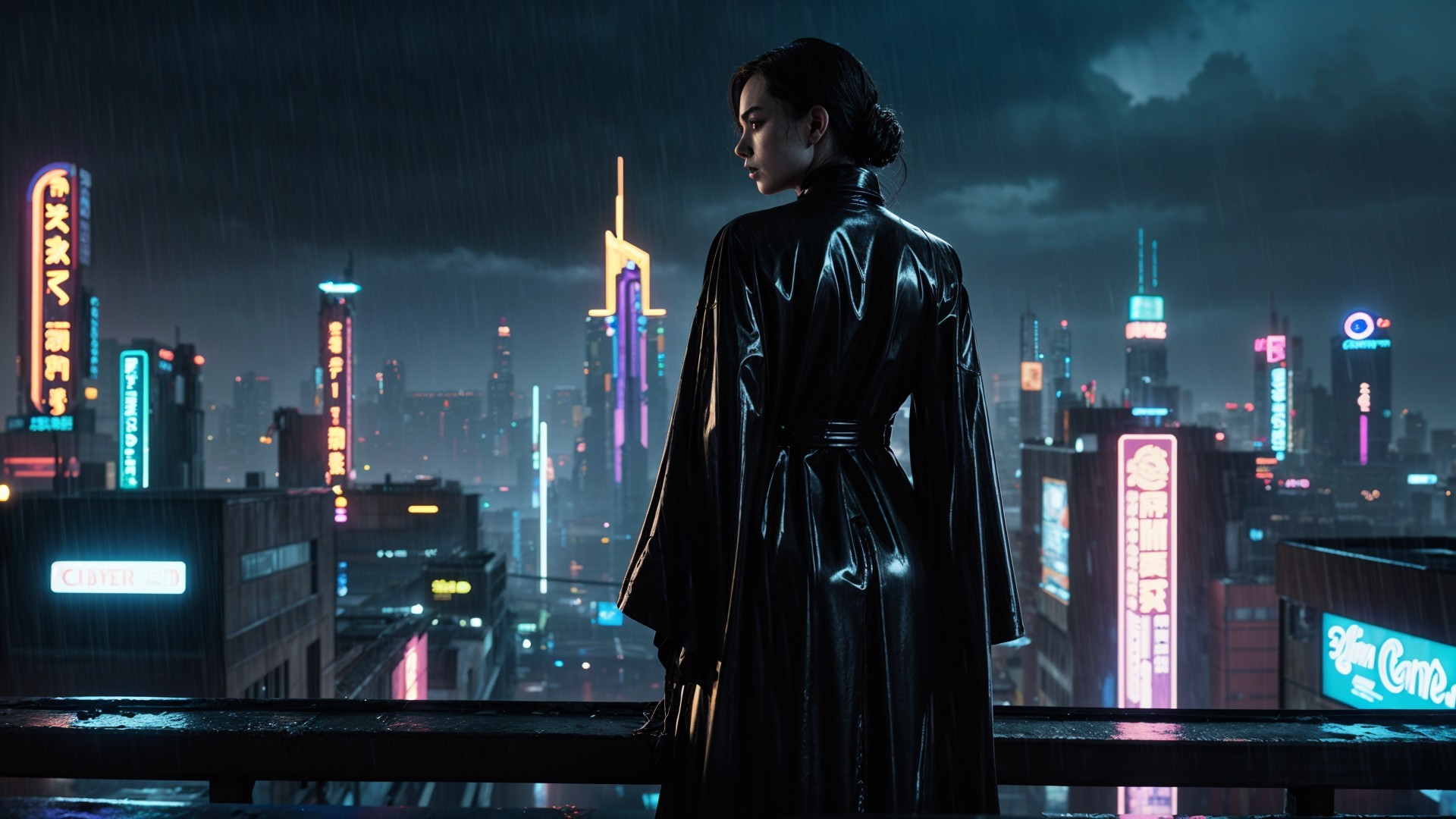 Trench Coat Figure Overlooking Neon Cityscape