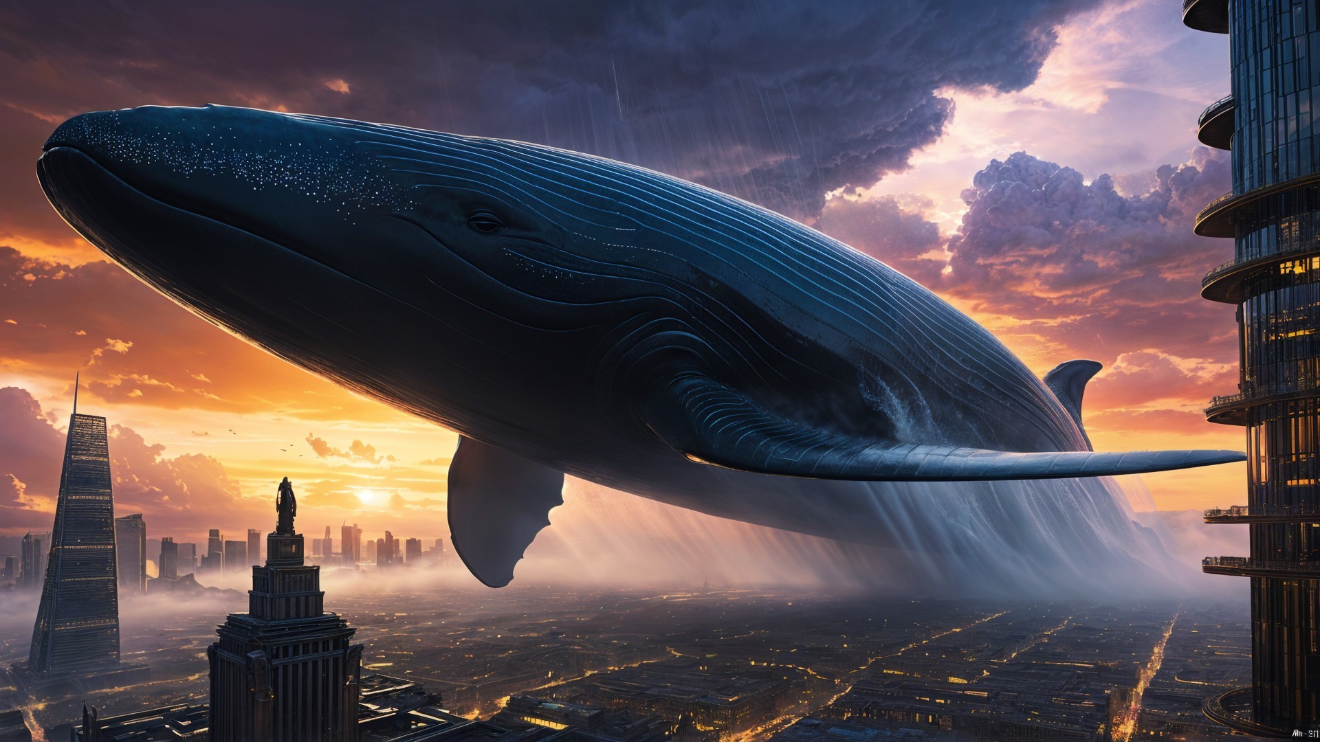 Colossal whale above futuristic city at sunset