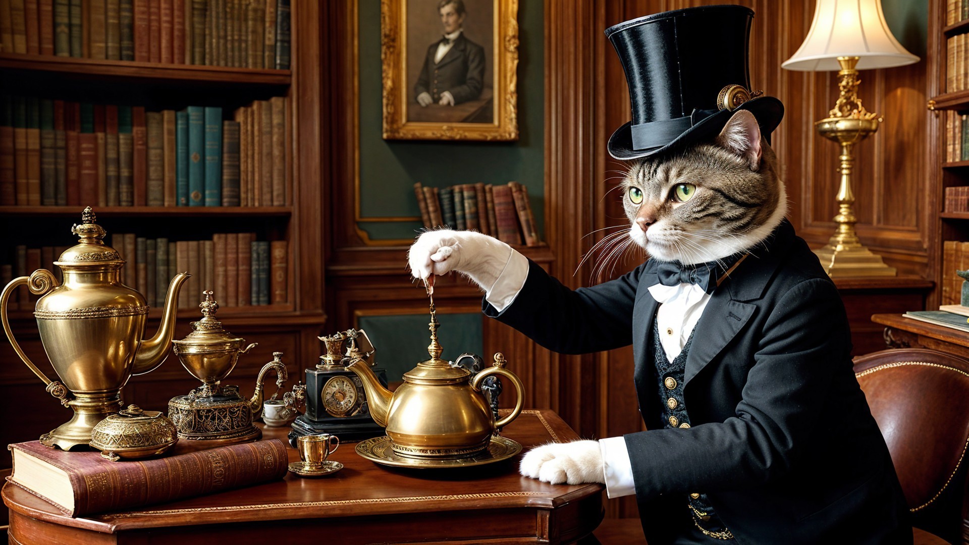 Sophisticated Cat Serving Tea in Lavish Library Setting