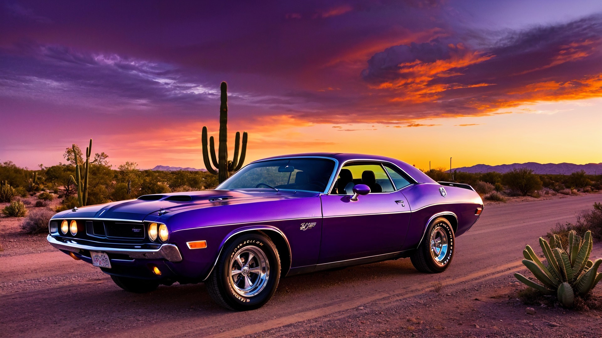Purple Classic Car on Sandy Road at Sunset
