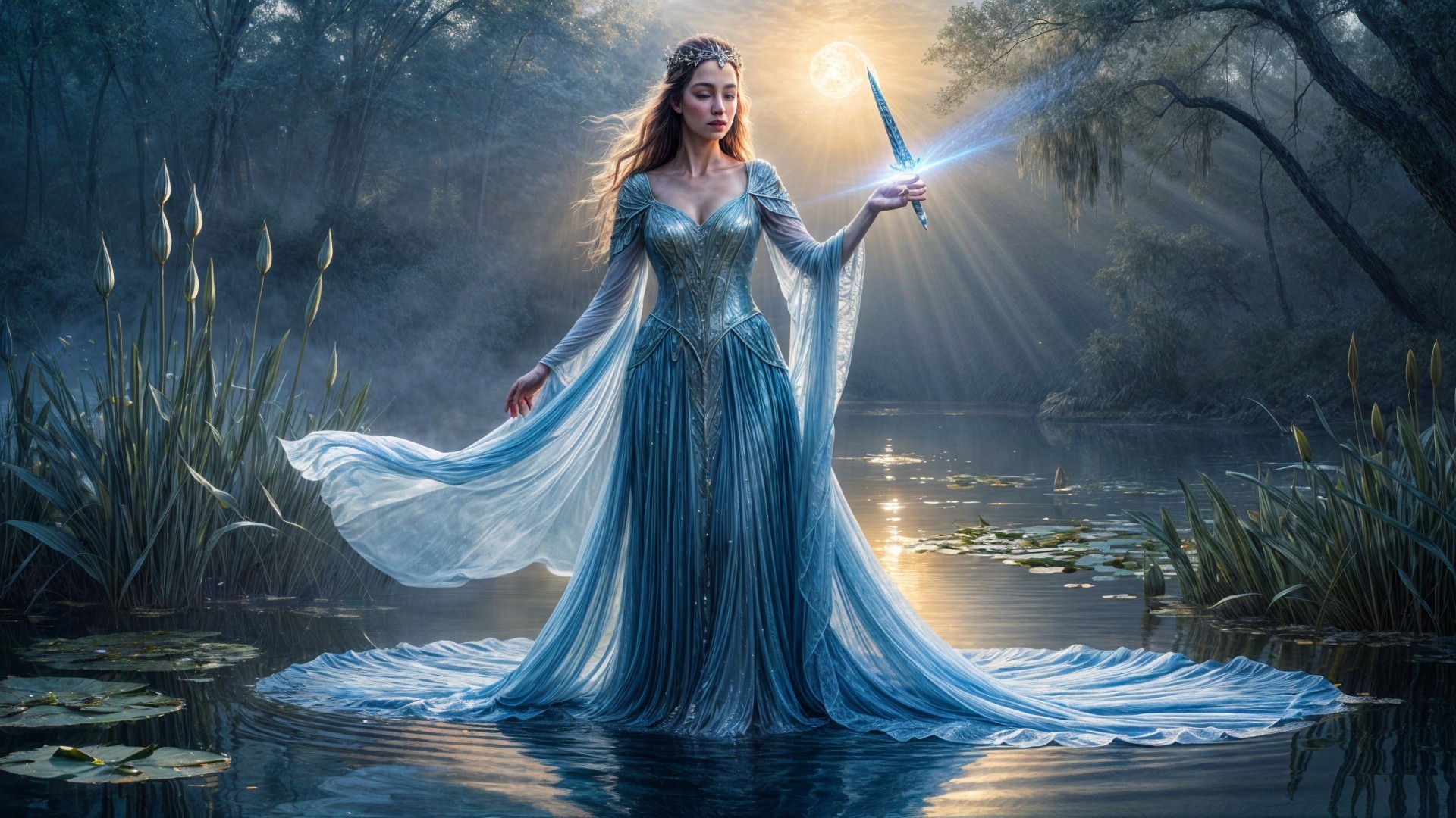 Majestic figure by tranquil lake in misty setting