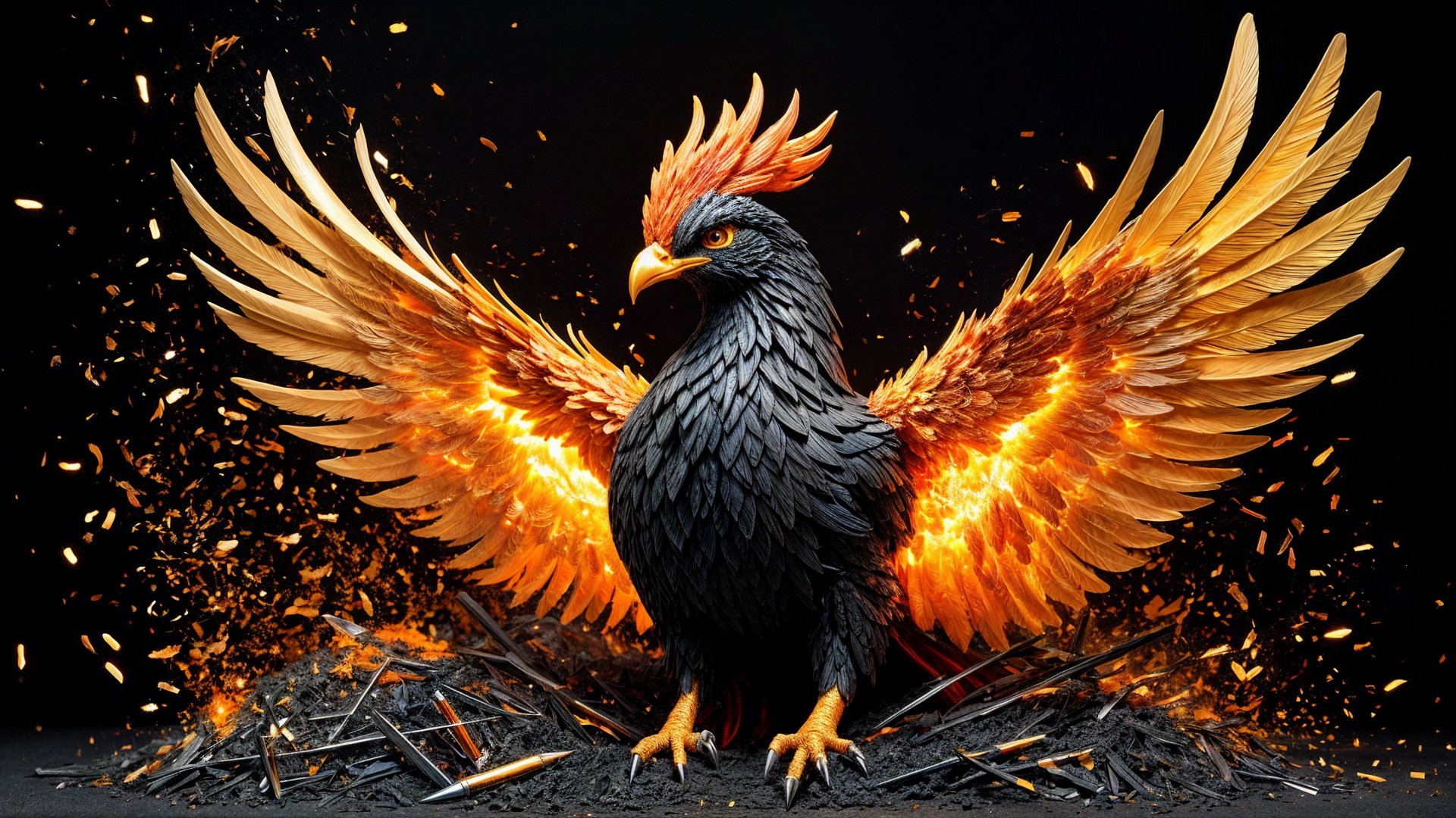 Majestic phoenix with black and orange feathers