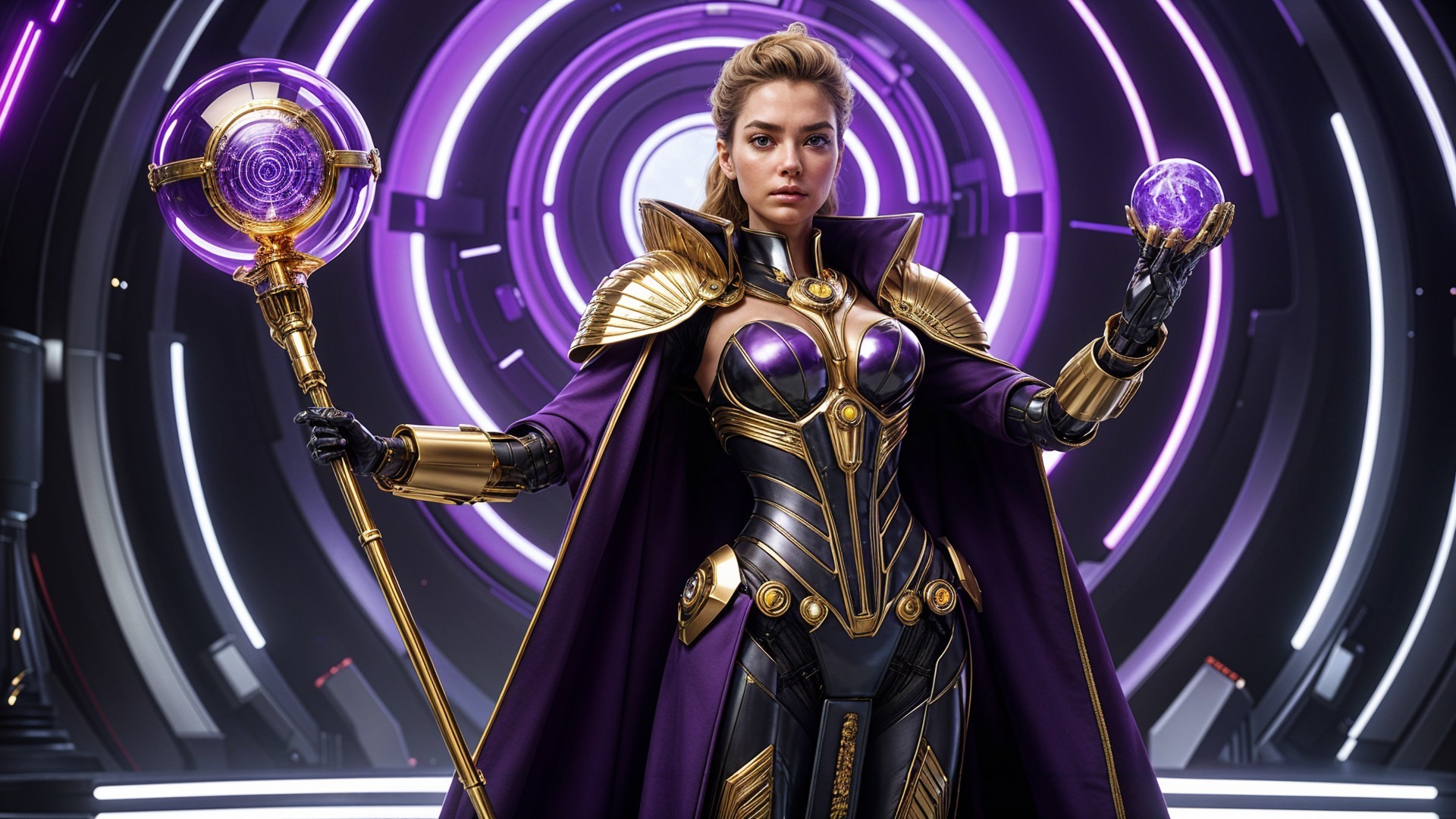 Futuristic Character in Metallic Armor with Glowing Orb