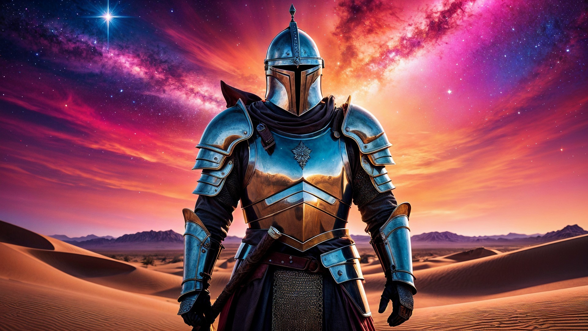 Lone Knight in Armor in Surreal Desert Landscape