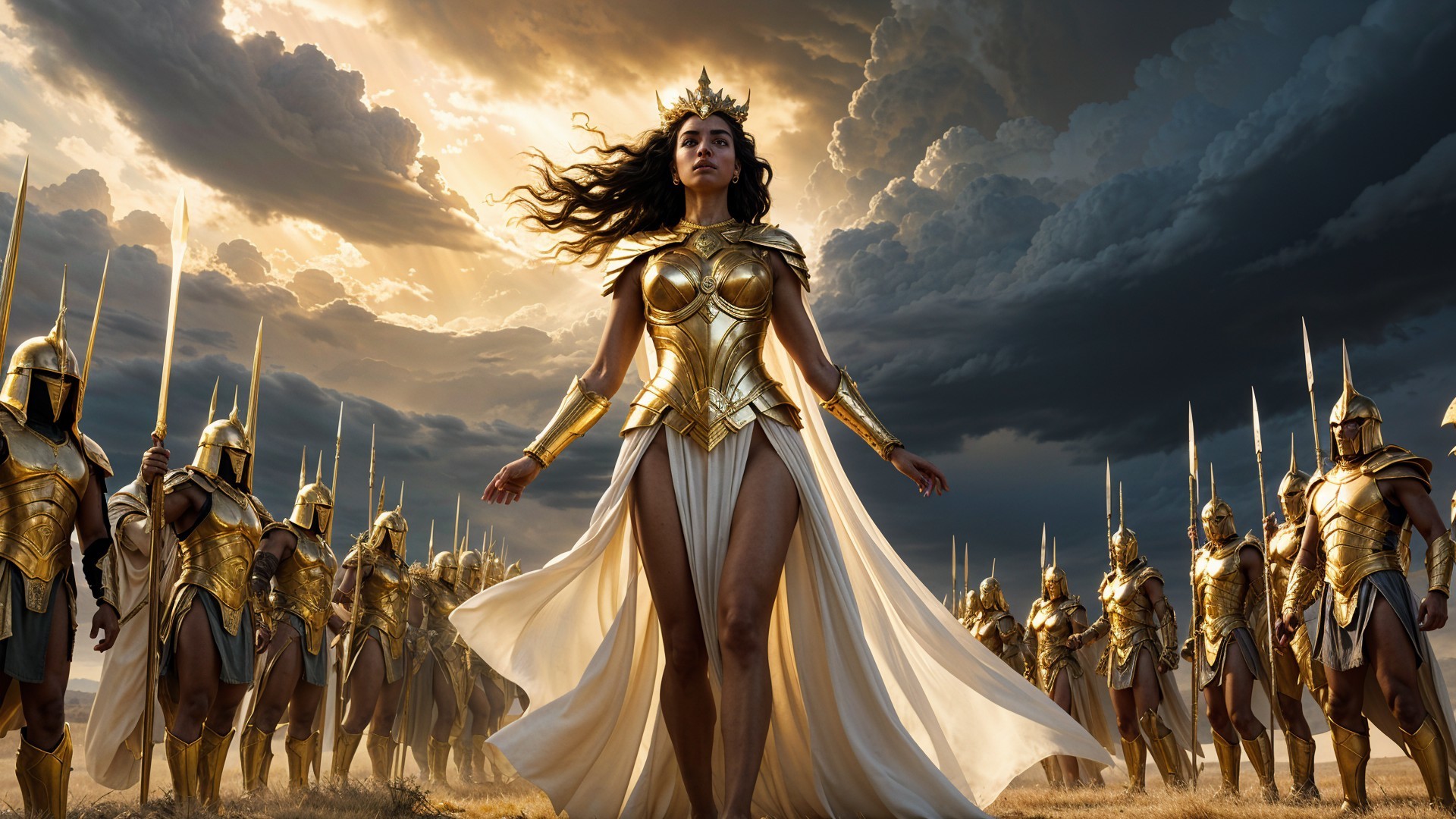 Golden Armored Figure with Soldiers Under Dramatic Sky