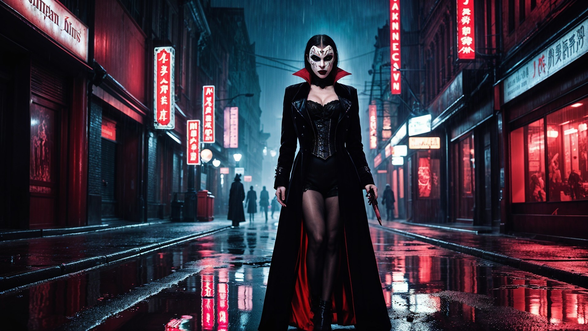 Confident Figure in Neon-Lit Rainy Alley