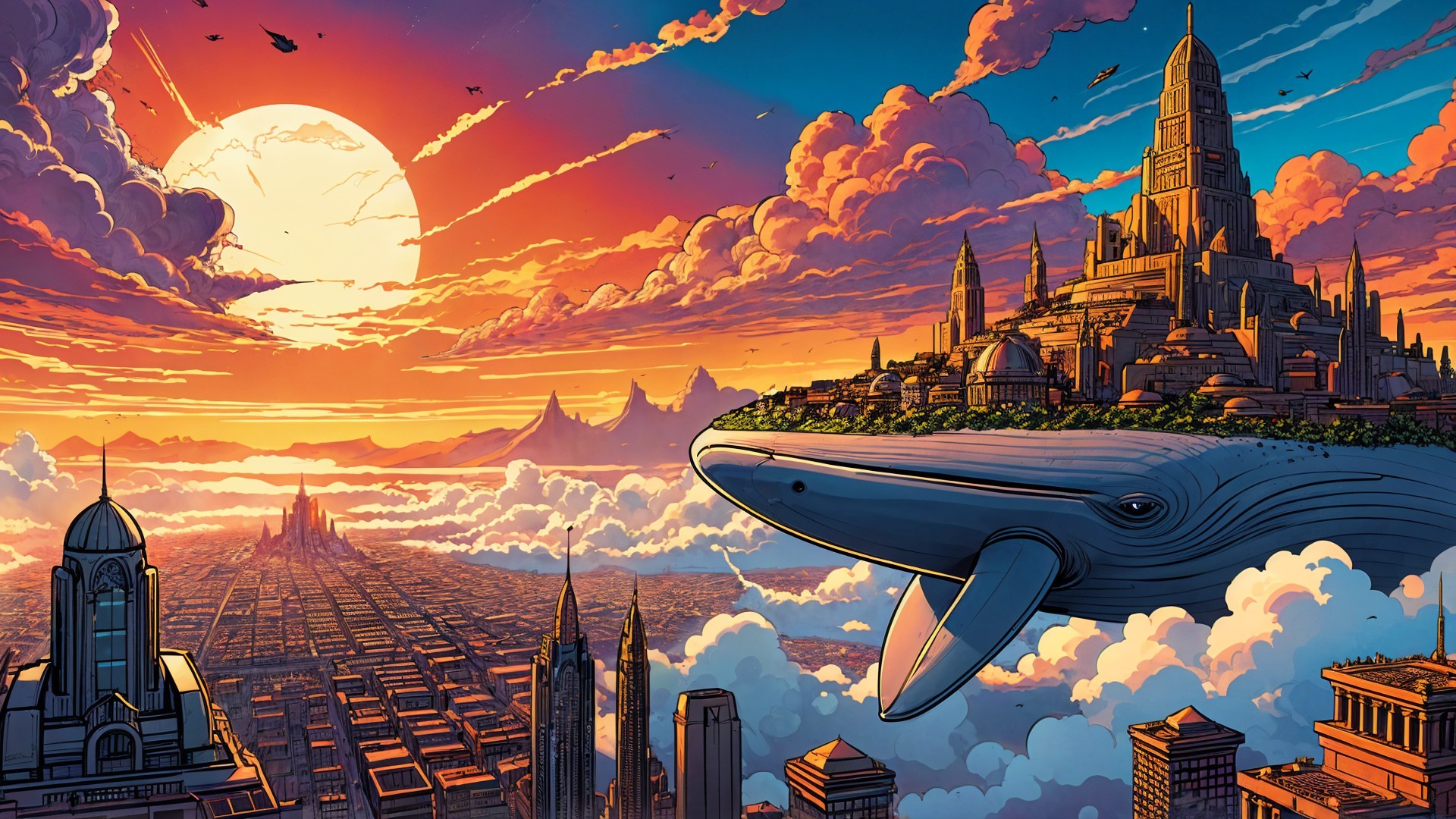Whale Among Clouds and Futuristic City at Sunset