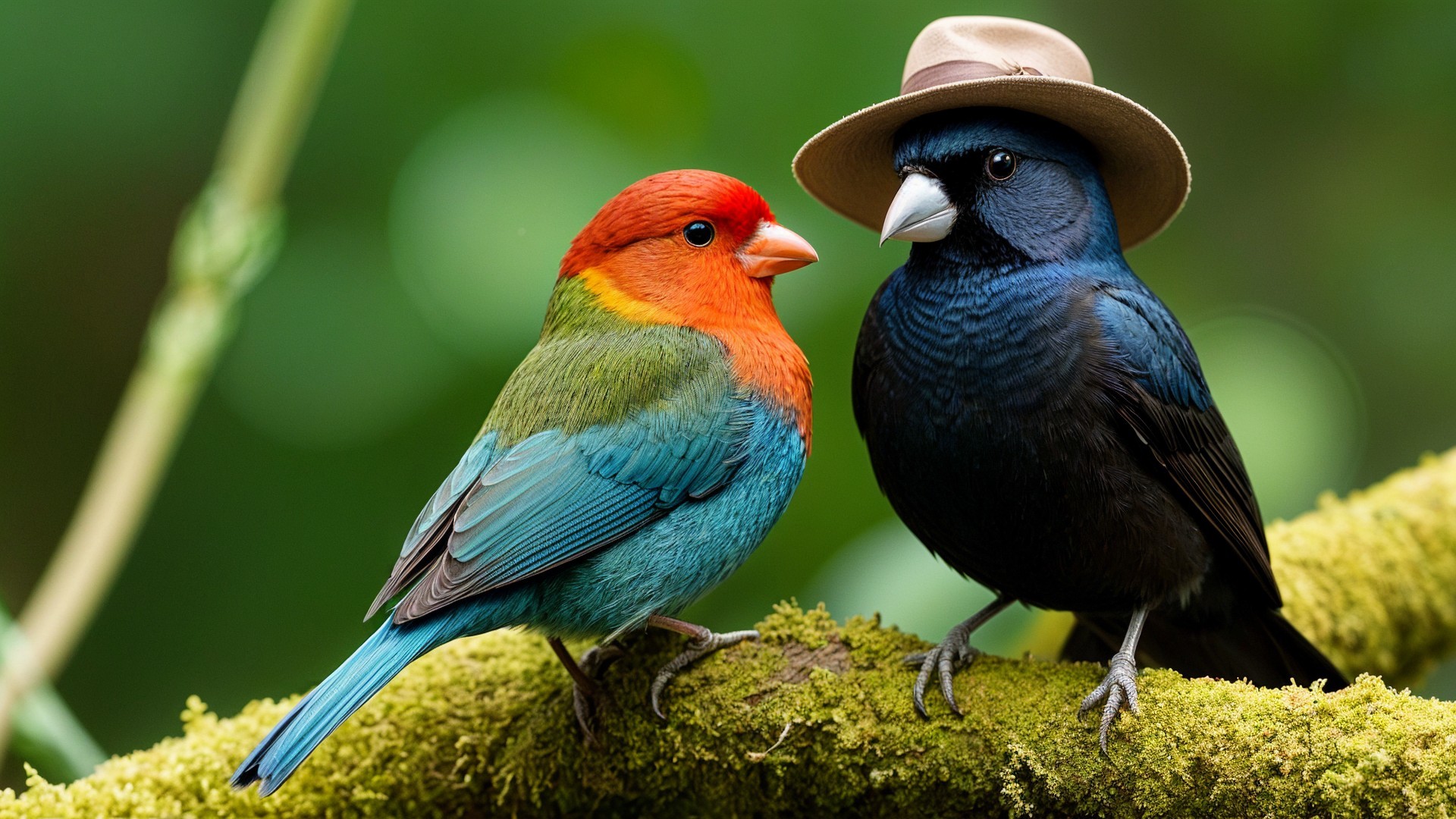 Colorful birds on a moss-covered branch in nature