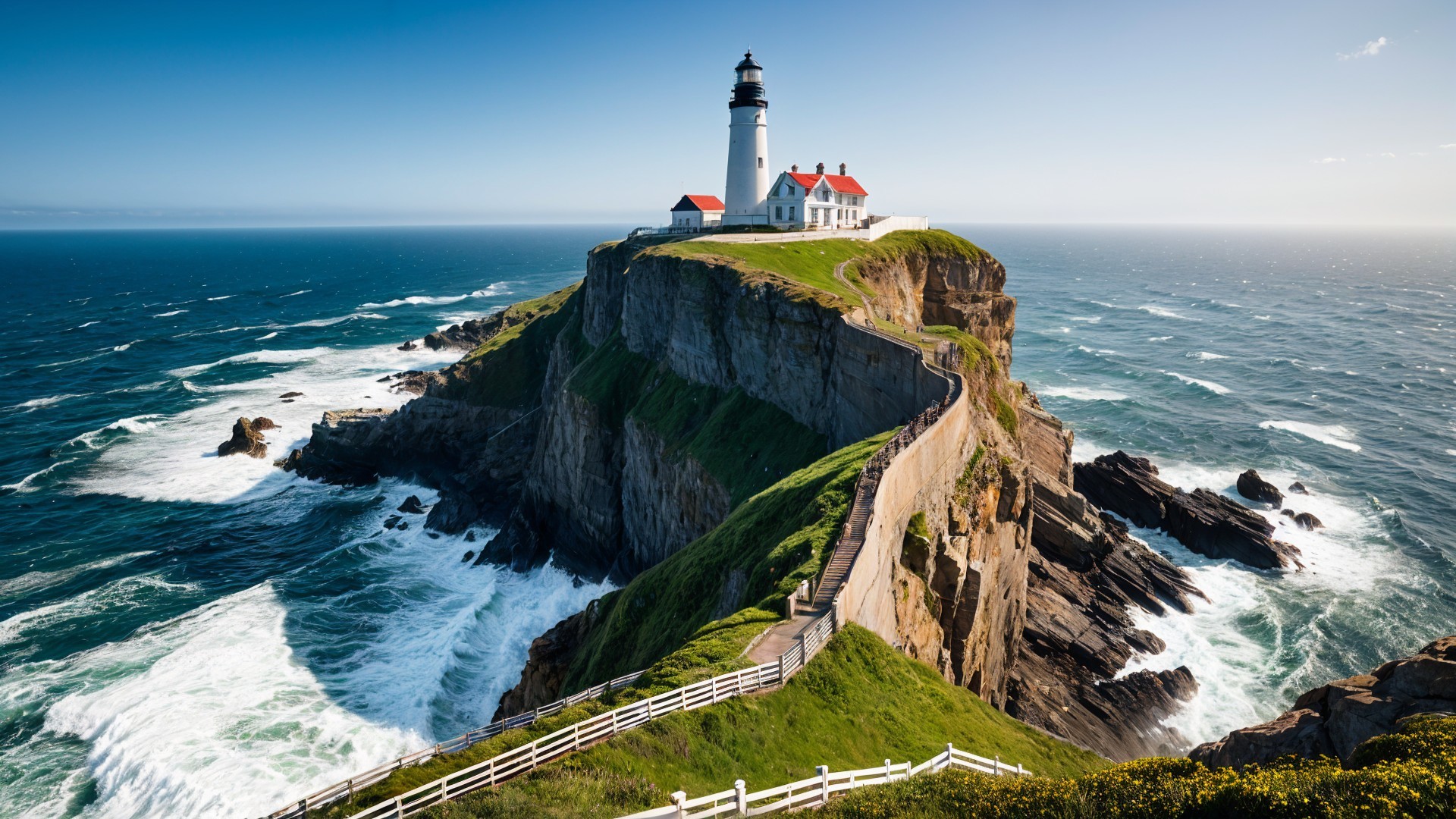 Lighthouse on Cliff with Waves and Scenic Pathway