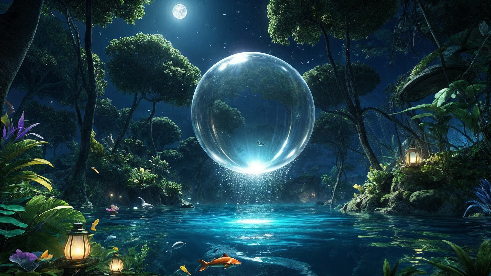 Magical Night Scene with Luminous Bubble over Lake