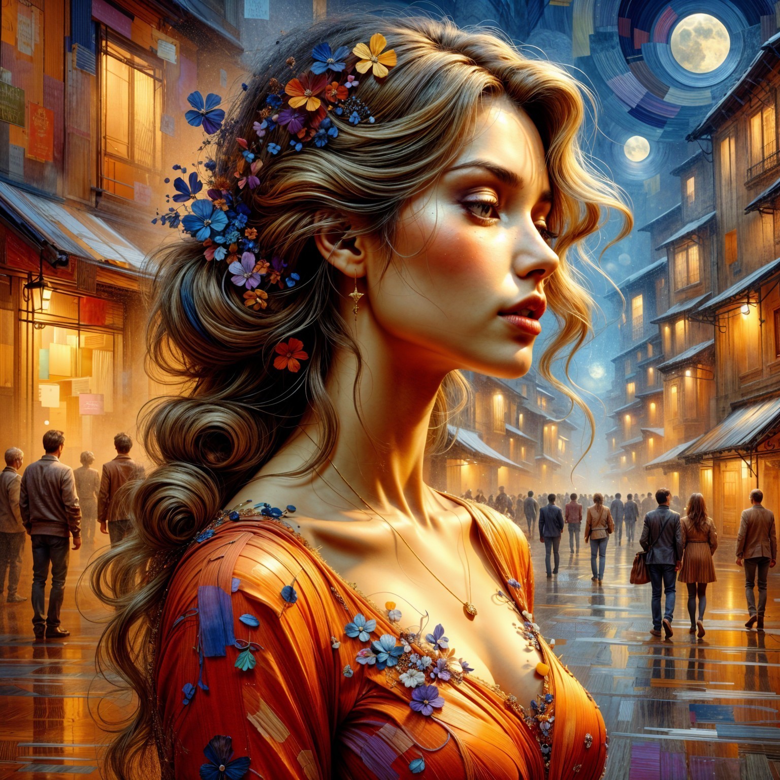 Dreamy Street Scene with Woman in Floral Orange Dress