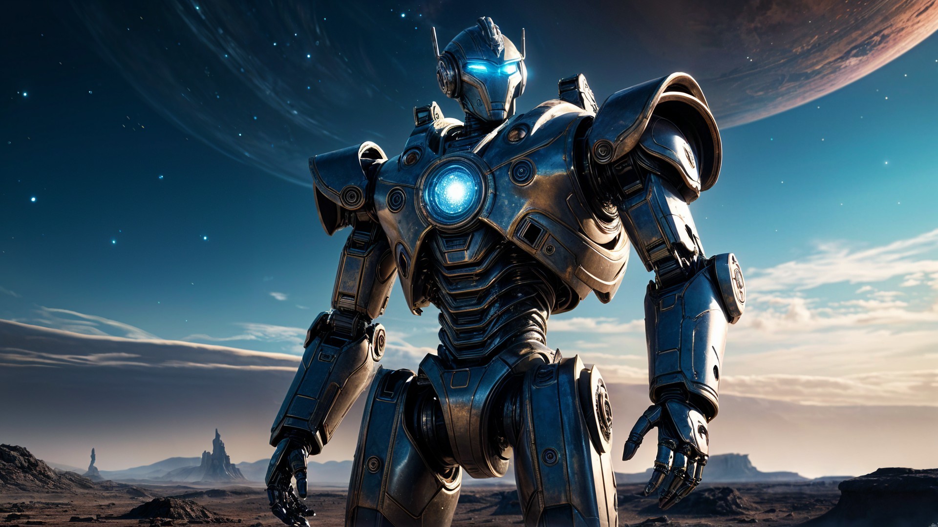 Futuristic Robot in Alien Landscape with Glowing Accents