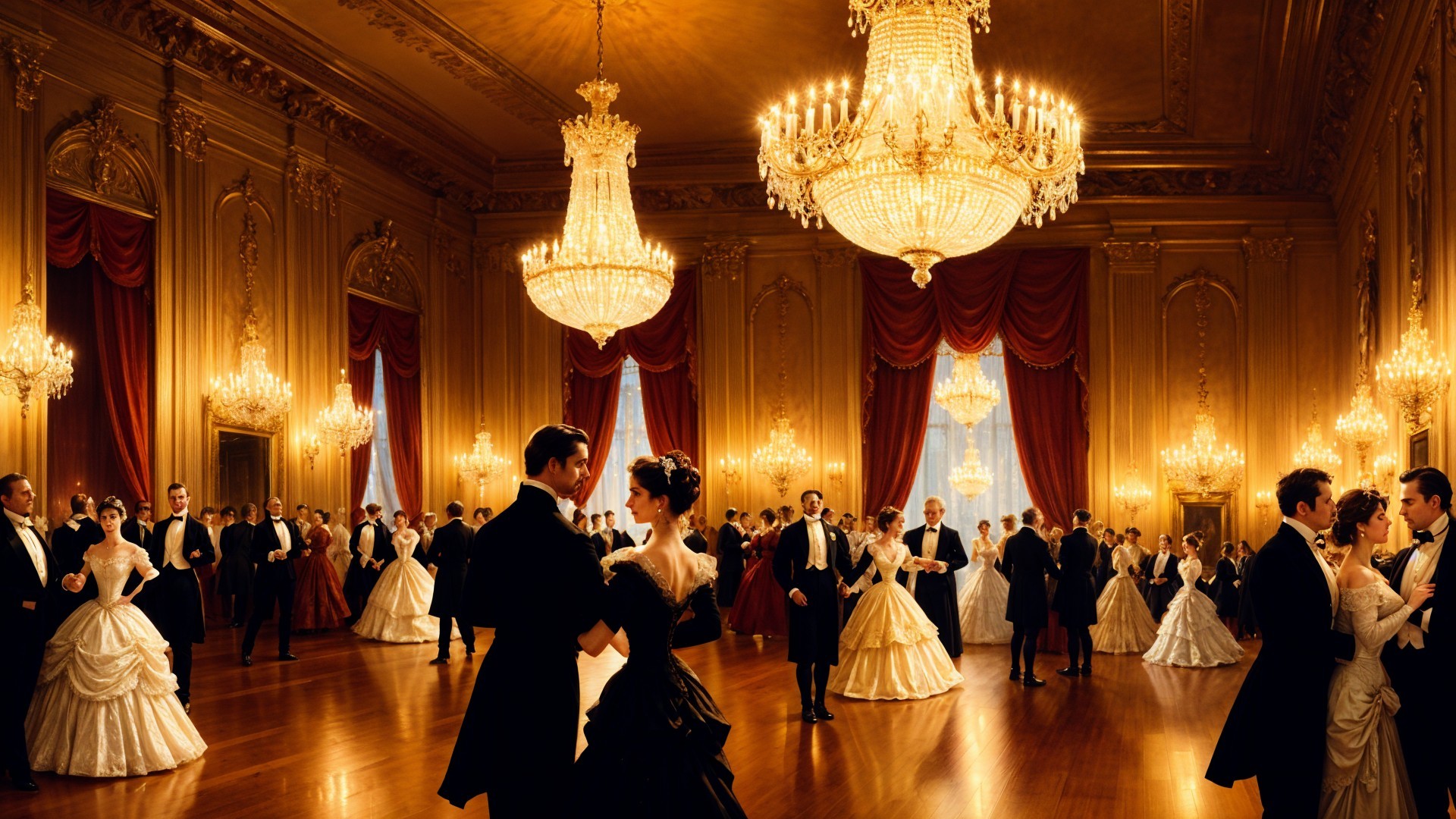 Opulent ballroom with grand chandeliers and elegant decor