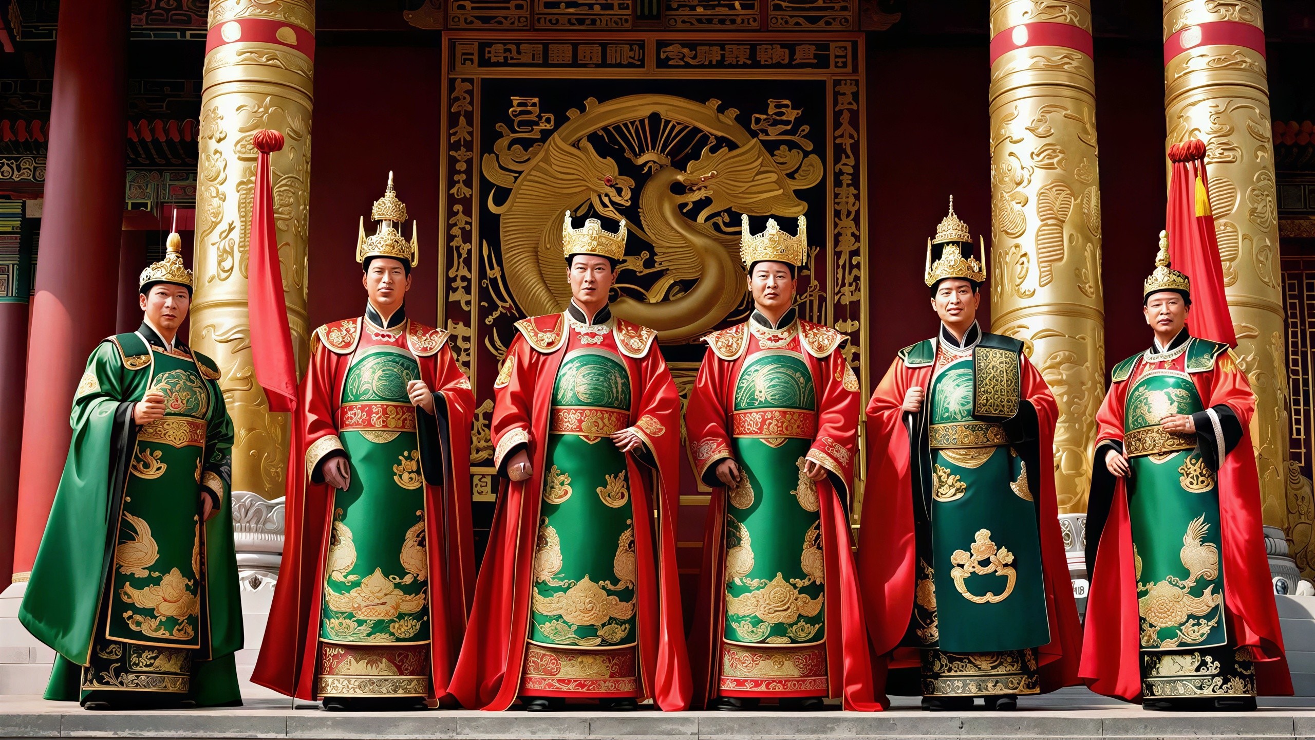 Traditional East Asian Imperial Attire of Six Men
