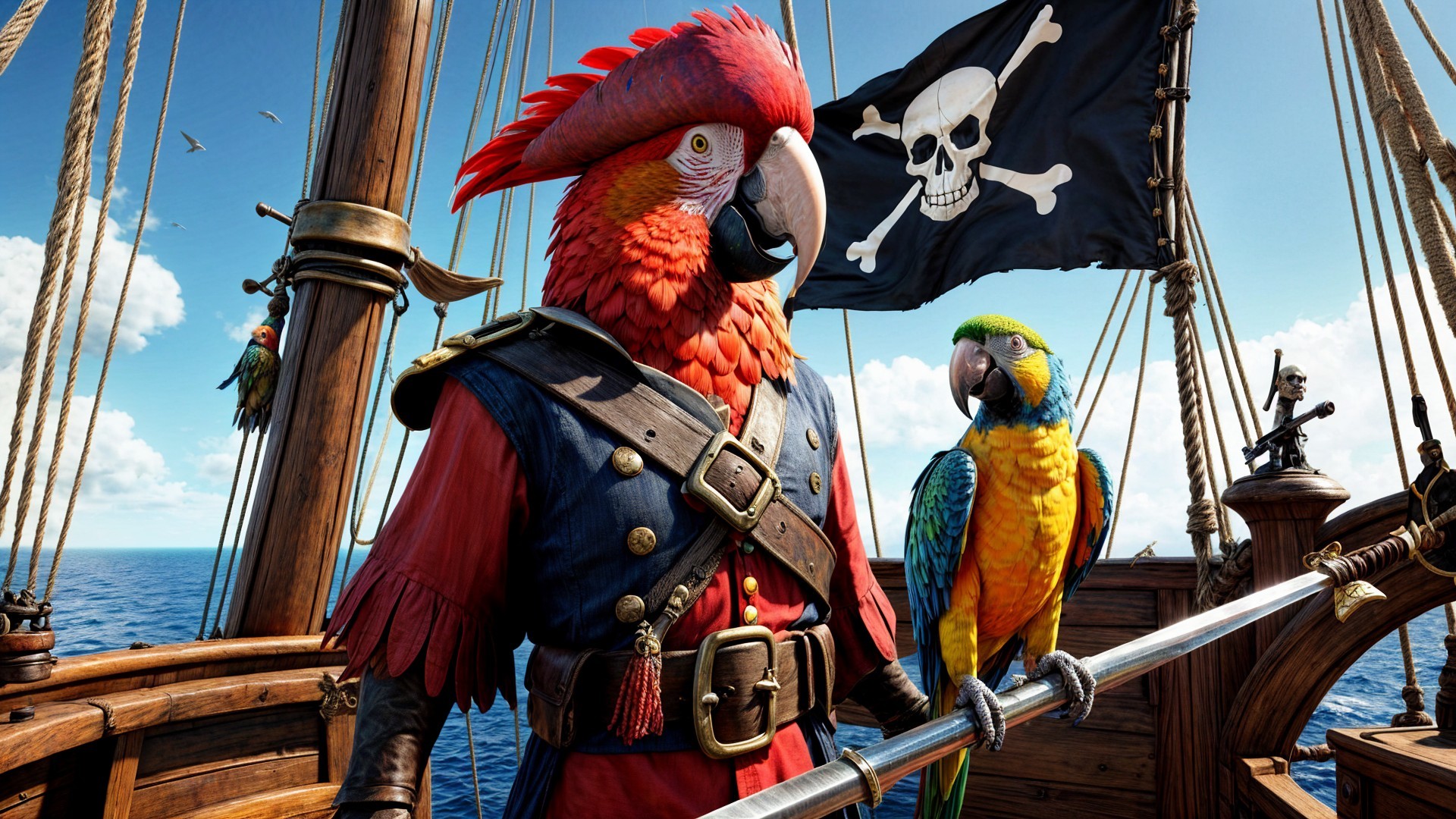 Vibrant Pirate Scene with Colorful Parrots and Ship