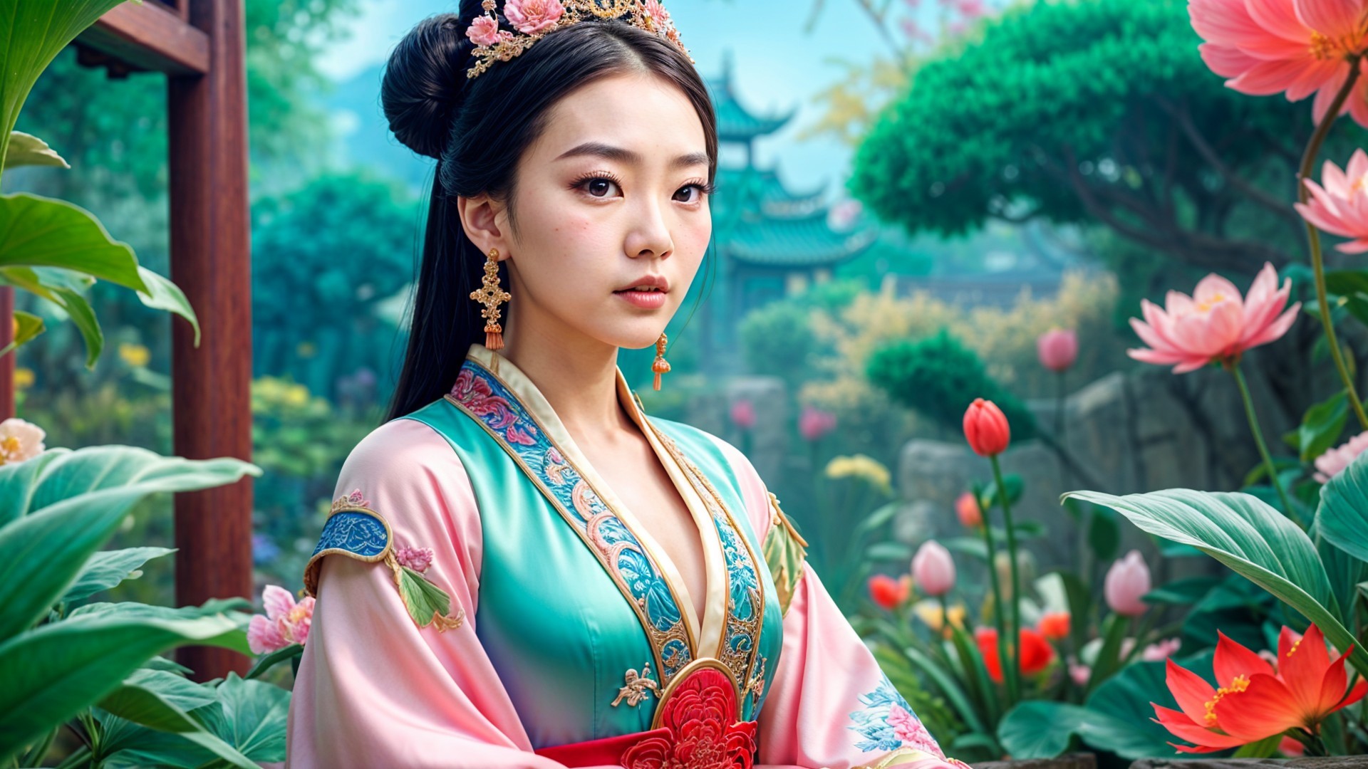 Young Woman in Traditional Silk Gown in Lush Garden