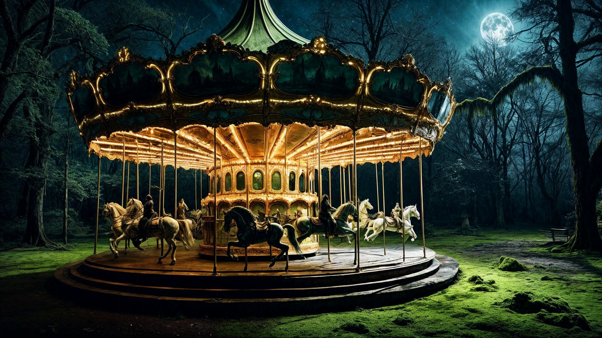 Illuminated Carousel Under Full Moon and Trees