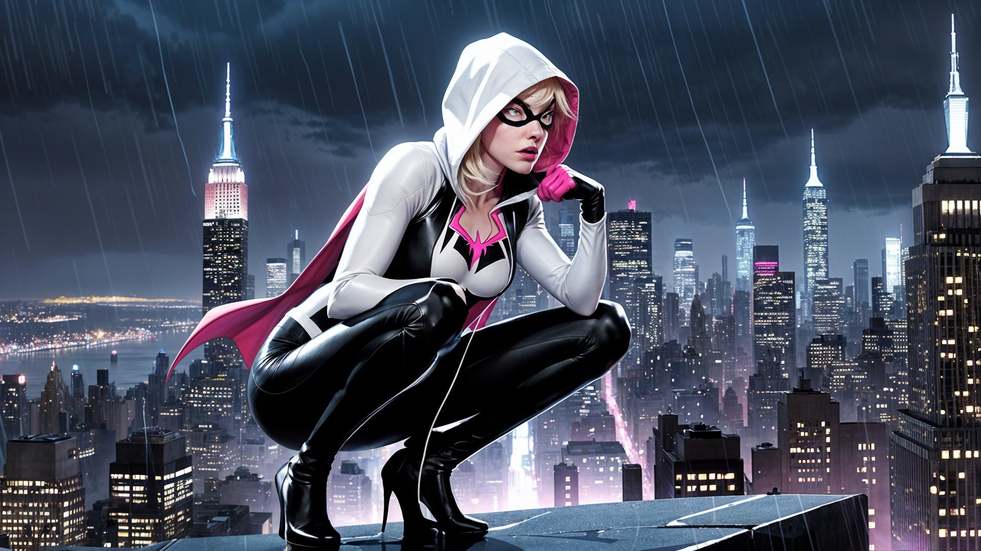 Superheroine on Rooftop with City Skyline Backdrop