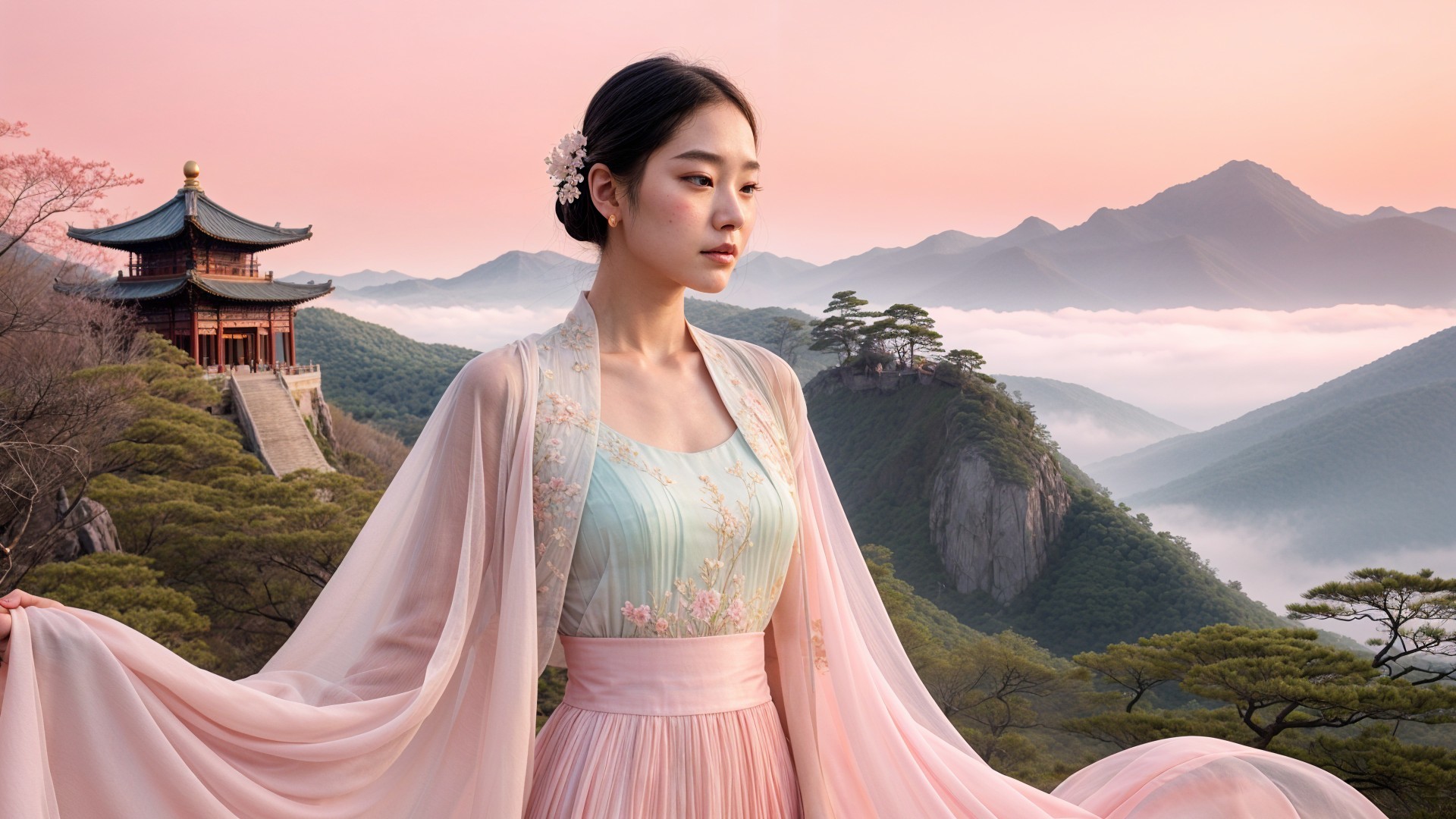 Young Woman in Pastel Hanfu Against Mountain Sunrise