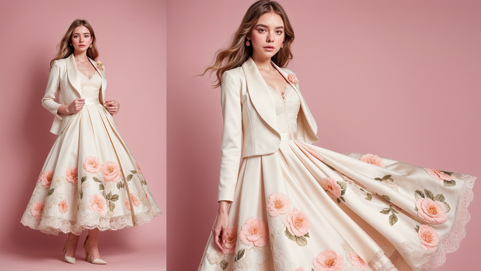 Cream Dress with Floral Embroidery and Blazer