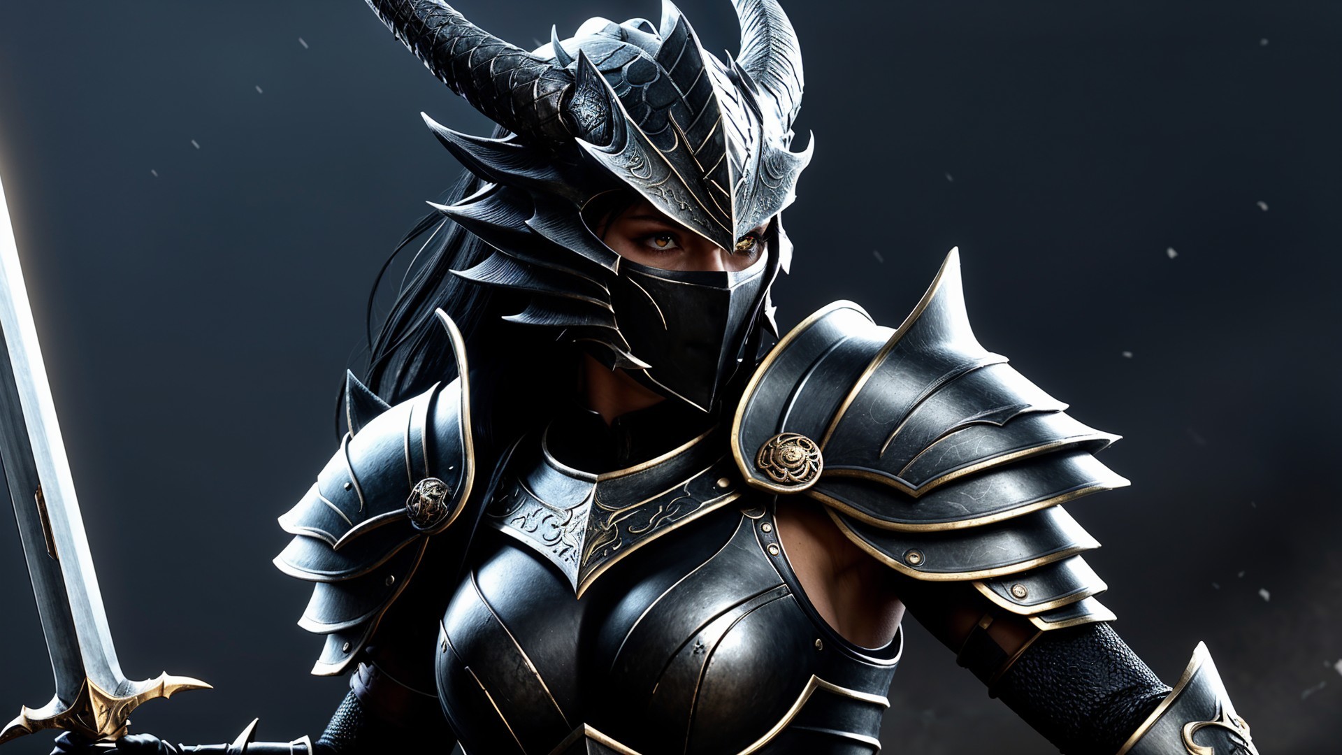 Warrior in Black Armor with Sword and Mask